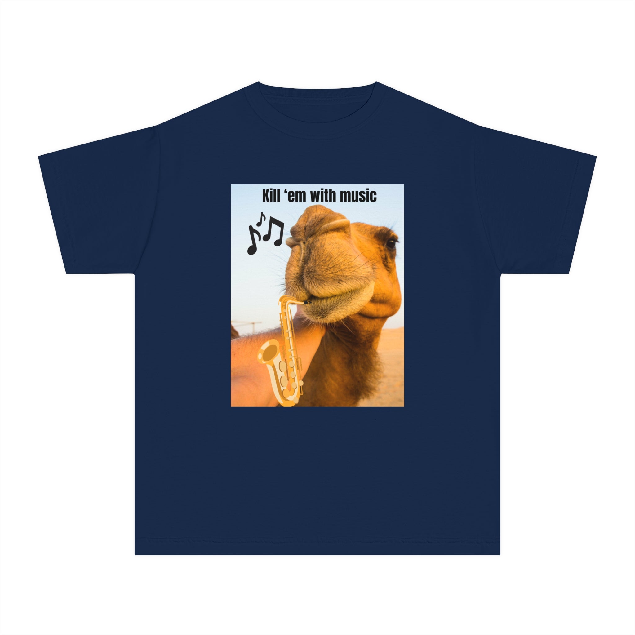 Funny Youth Tee with Camel Design, Humorous Kids' Shirt, 'Kill 'em with Music' Graphic Tee, Gift for Young Music Lovers, Unique Youth [...]