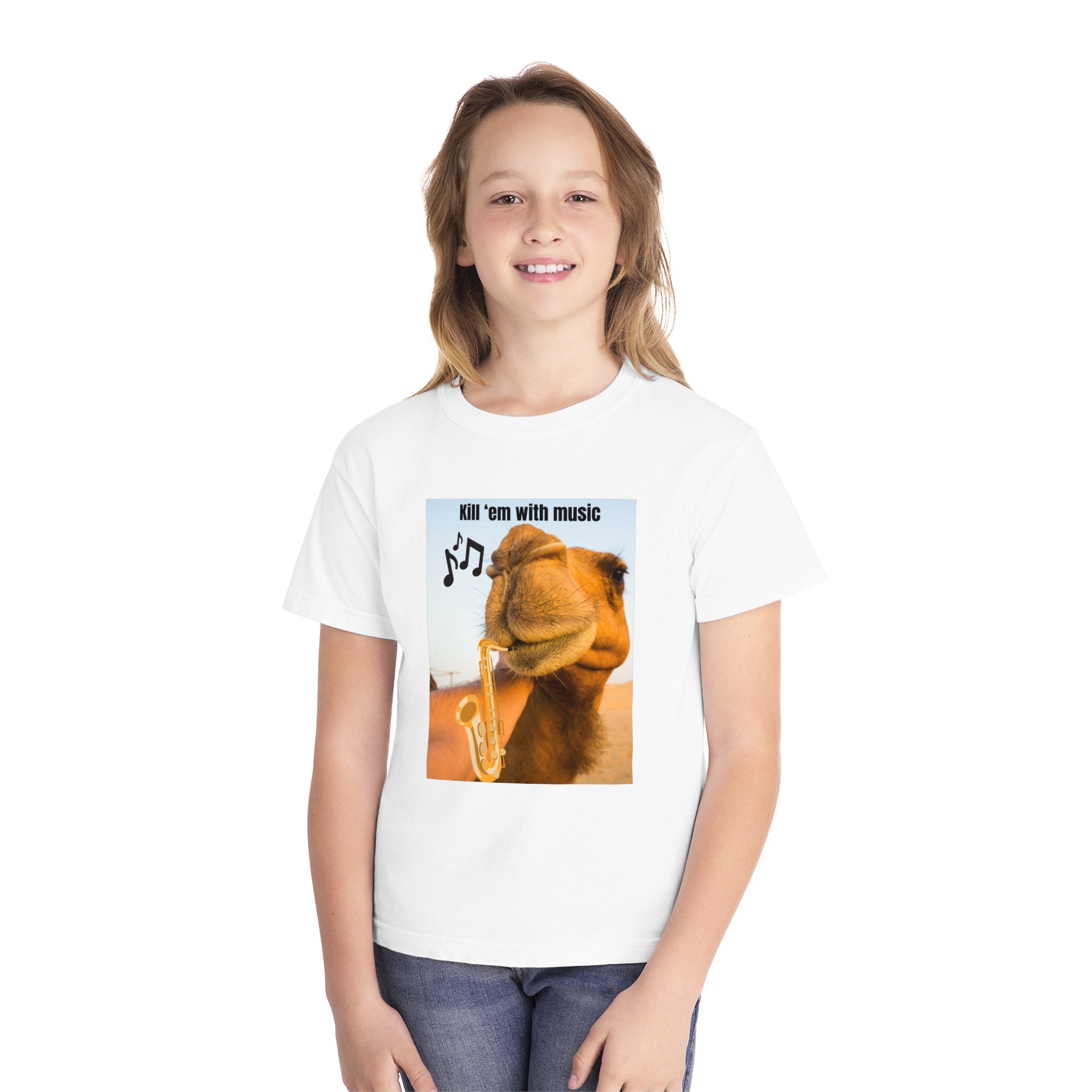 Funny Youth Tee with Camel Design, Humorous Kids' Shirt, 'Kill 'em with Music' Graphic Tee, Gift for Young Music Lovers, Unique Youth [...]