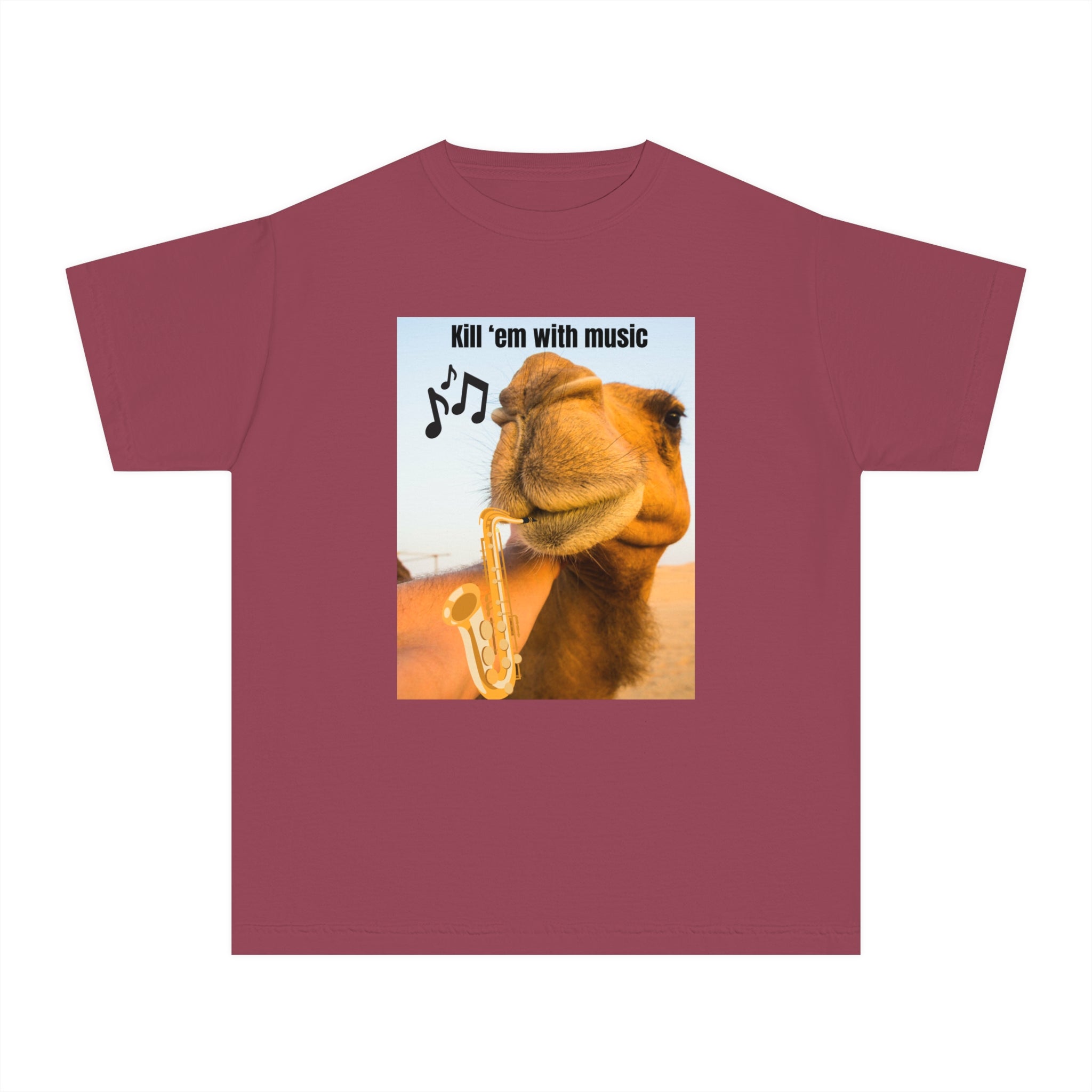 Funny Youth Tee with Camel Design, Humorous Kids' Shirt, 'Kill 'em with Music' Graphic Tee, Gift for Young Music Lovers, Unique Youth [...]