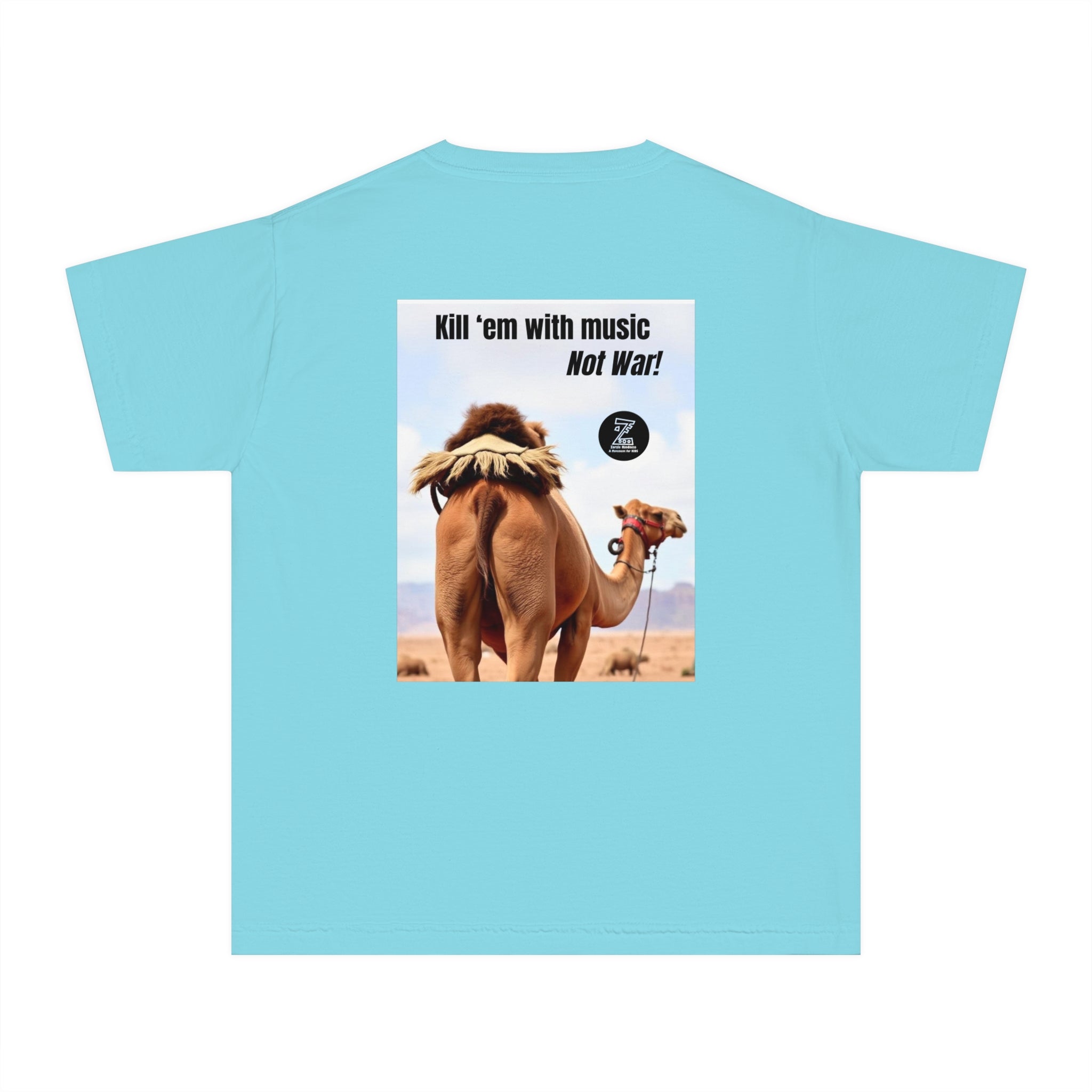 Funny Youth Tee with Camel Design, Humorous Kids' Shirt, 'Kill 'em with Music' Graphic Tee, Gift for Young Music Lovers, Unique Youth [...]