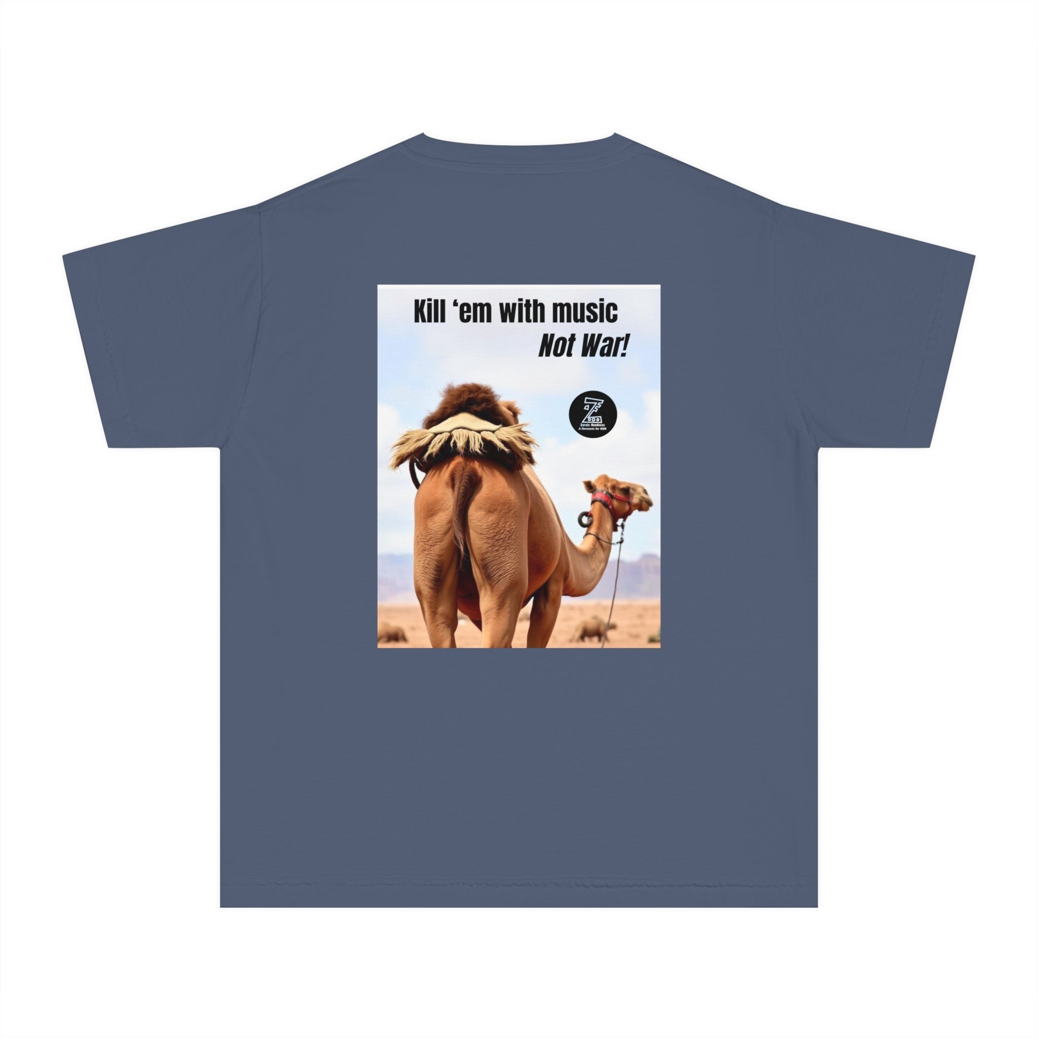 Funny Youth Tee with Camel Design, Humorous Kids' Shirt, 'Kill 'em with Music' Graphic Tee, Gift for Young Music Lovers, Unique Youth [...]