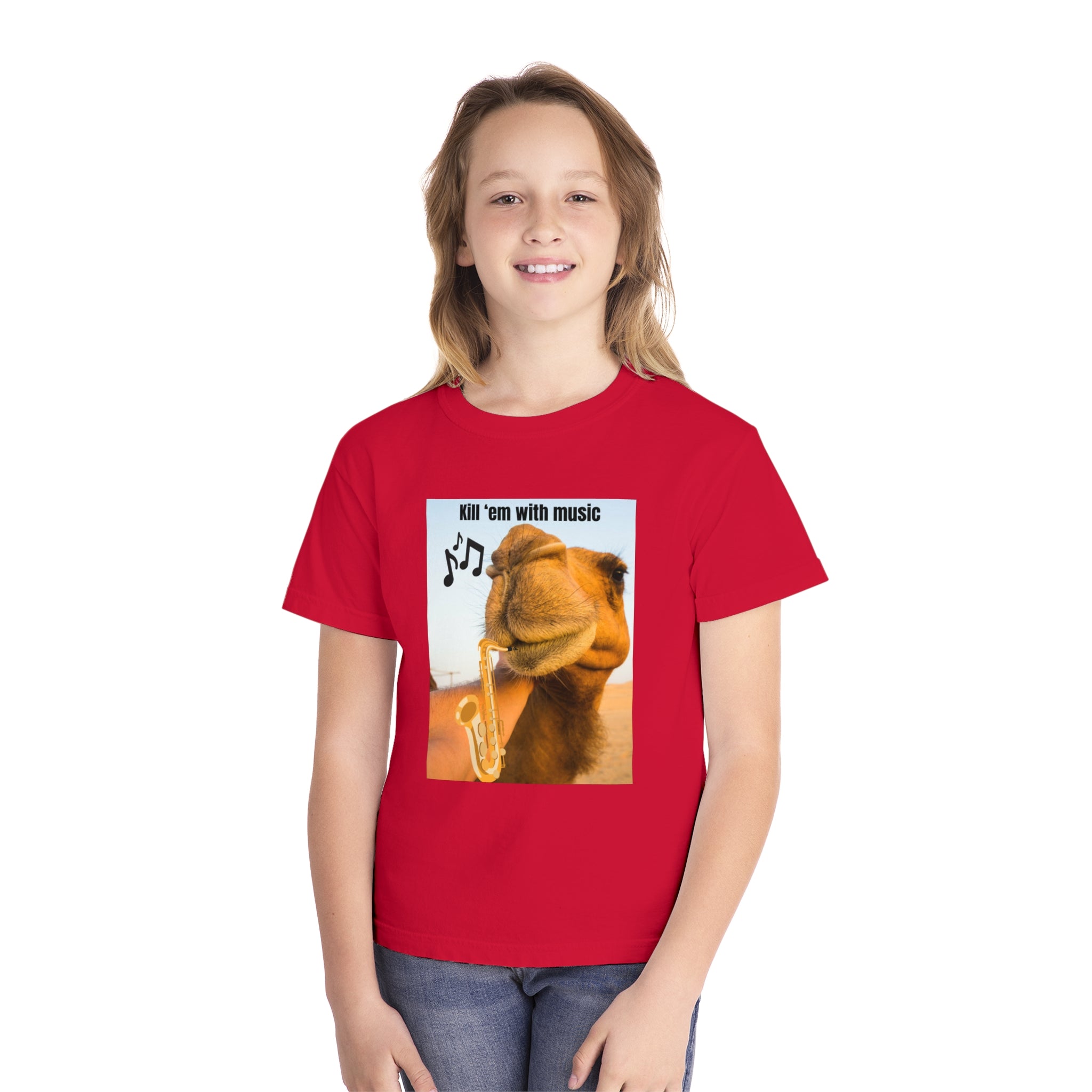 Funny Youth Tee with Camel Design, Humorous Kids' Shirt, 'Kill 'em with Music' Graphic Tee, Gift for Young Music Lovers, Unique Youth [...]