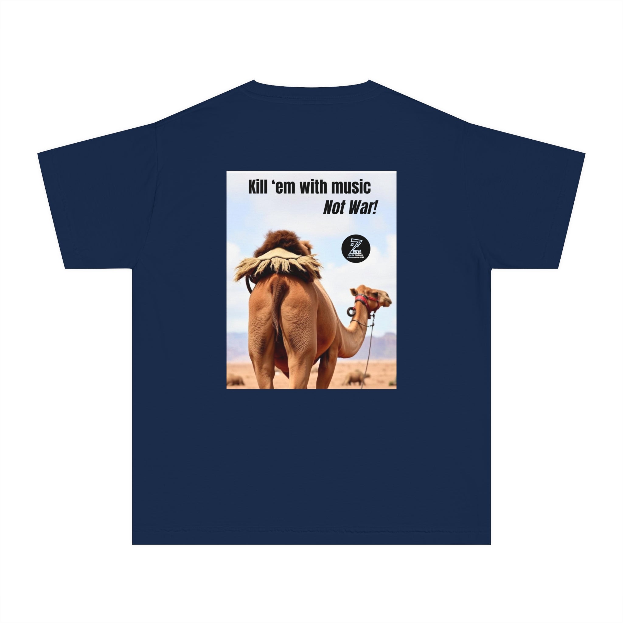 Funny Youth Tee with Camel Design, Humorous Kids' Shirt, 'Kill 'em with Music' Graphic Tee, Gift for Young Music Lovers, Unique Youth [...]