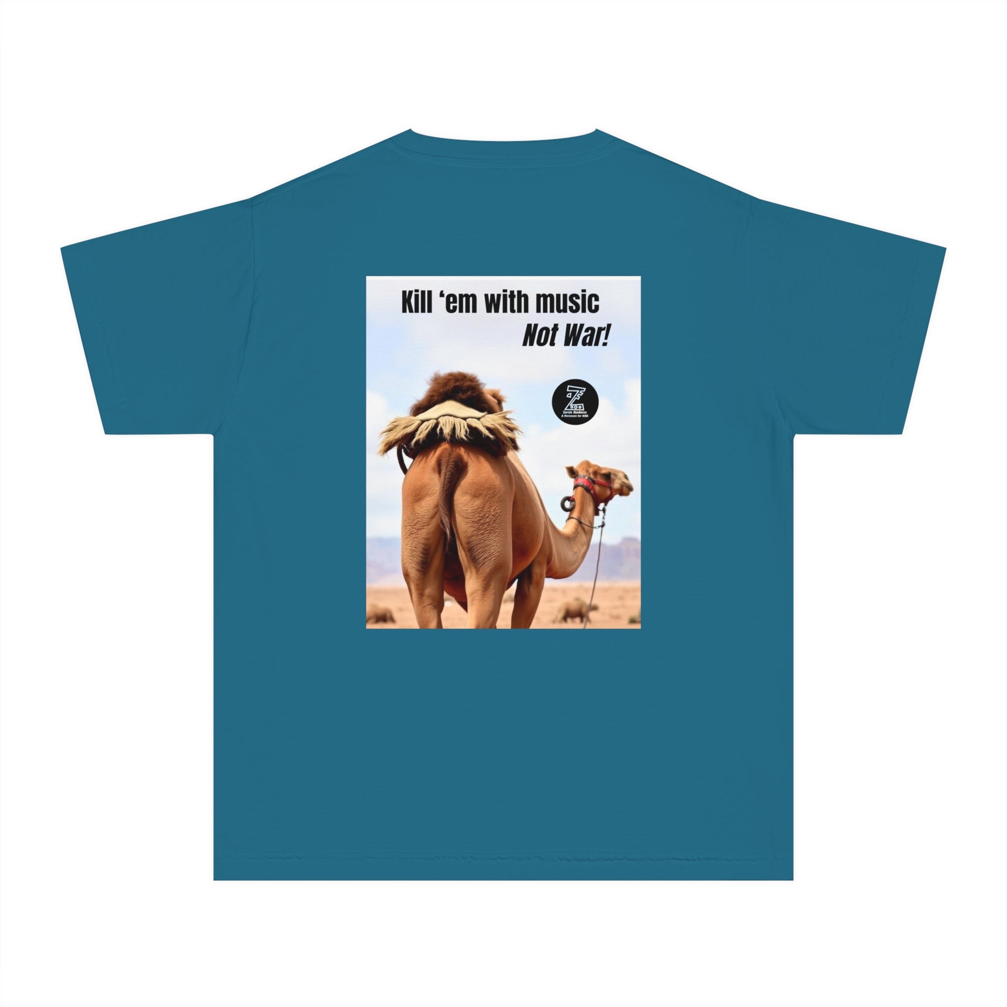 Funny Youth Tee with Camel Design, Humorous Kids' Shirt, 'Kill 'em with Music' Graphic Tee, Gift for Young Music Lovers, Unique Youth [...]