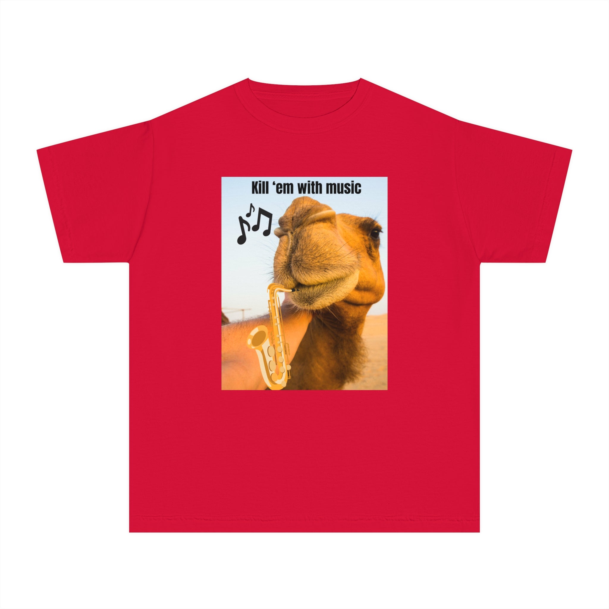 Funny Youth Tee with Camel Design, Humorous Kids' Shirt, 'Kill 'em with Music' Graphic Tee, Gift for Young Music Lovers, Unique Youth [...]
