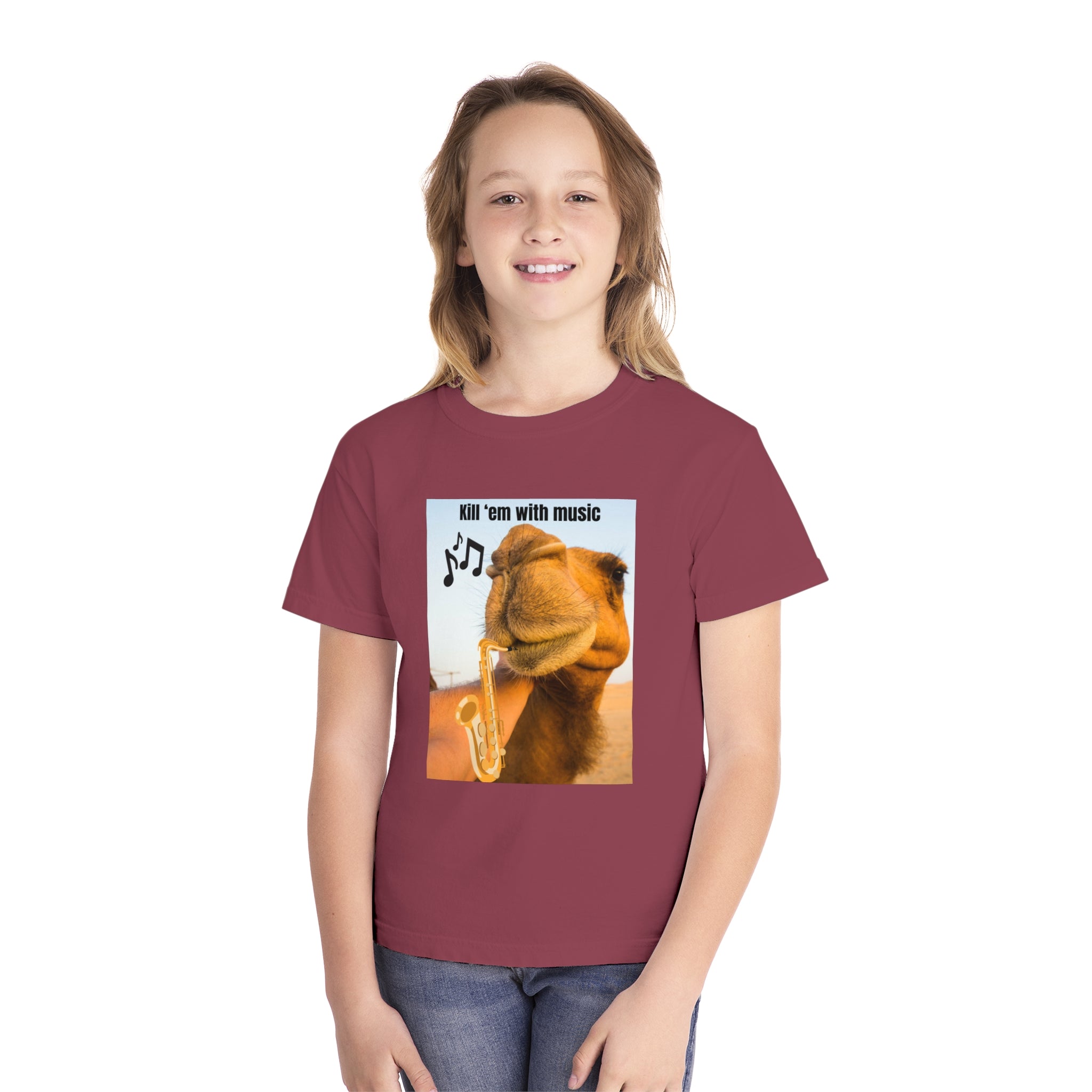 Funny Youth Tee with Camel Design, Humorous Kids' Shirt, 'Kill 'em with Music' Graphic Tee, Gift for Young Music Lovers, Unique Youth [...]