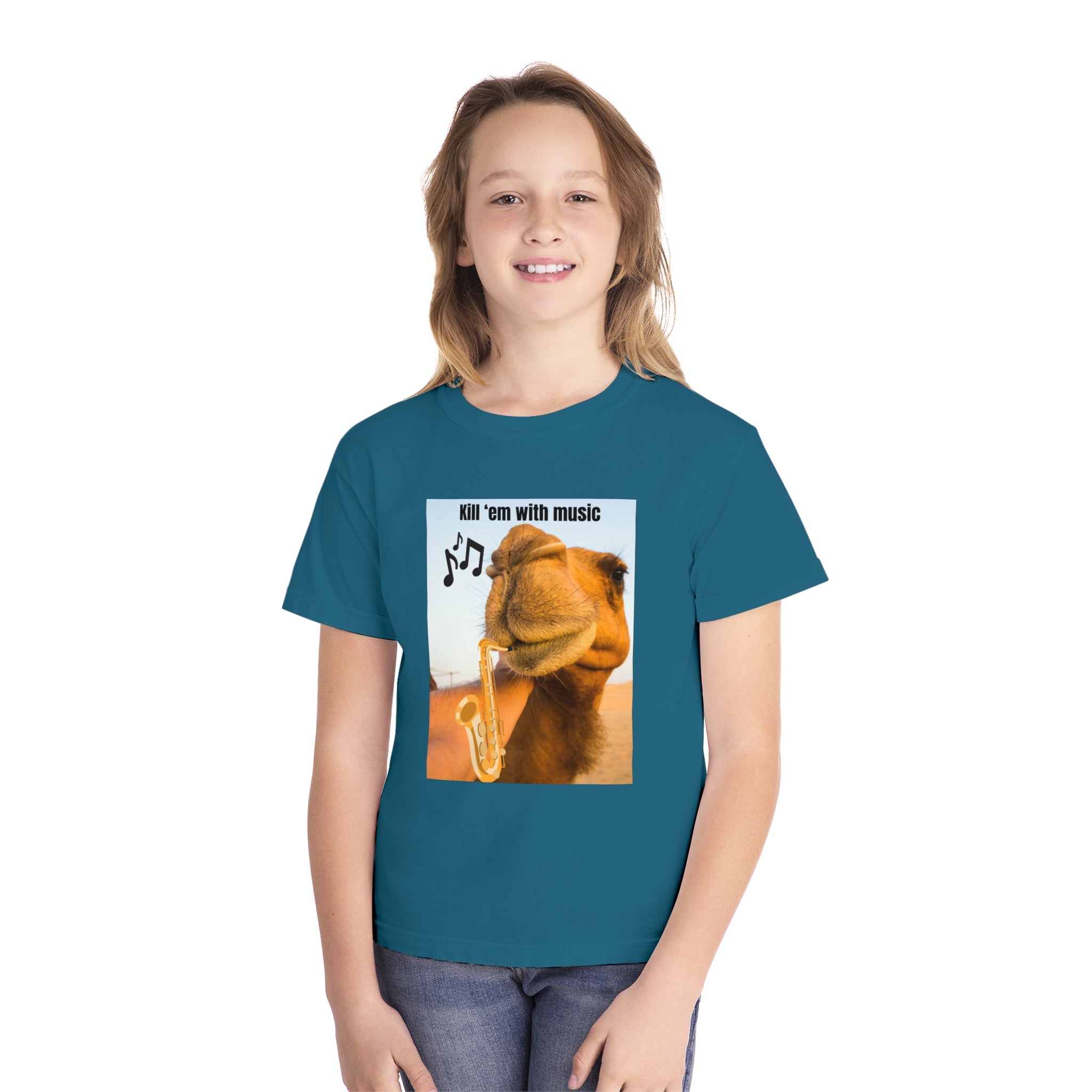 Funny Youth Tee with Camel Design, Humorous Kids' Shirt, 'Kill 'em with Music' Graphic Tee, Gift for Young Music Lovers, Unique Youth [...]