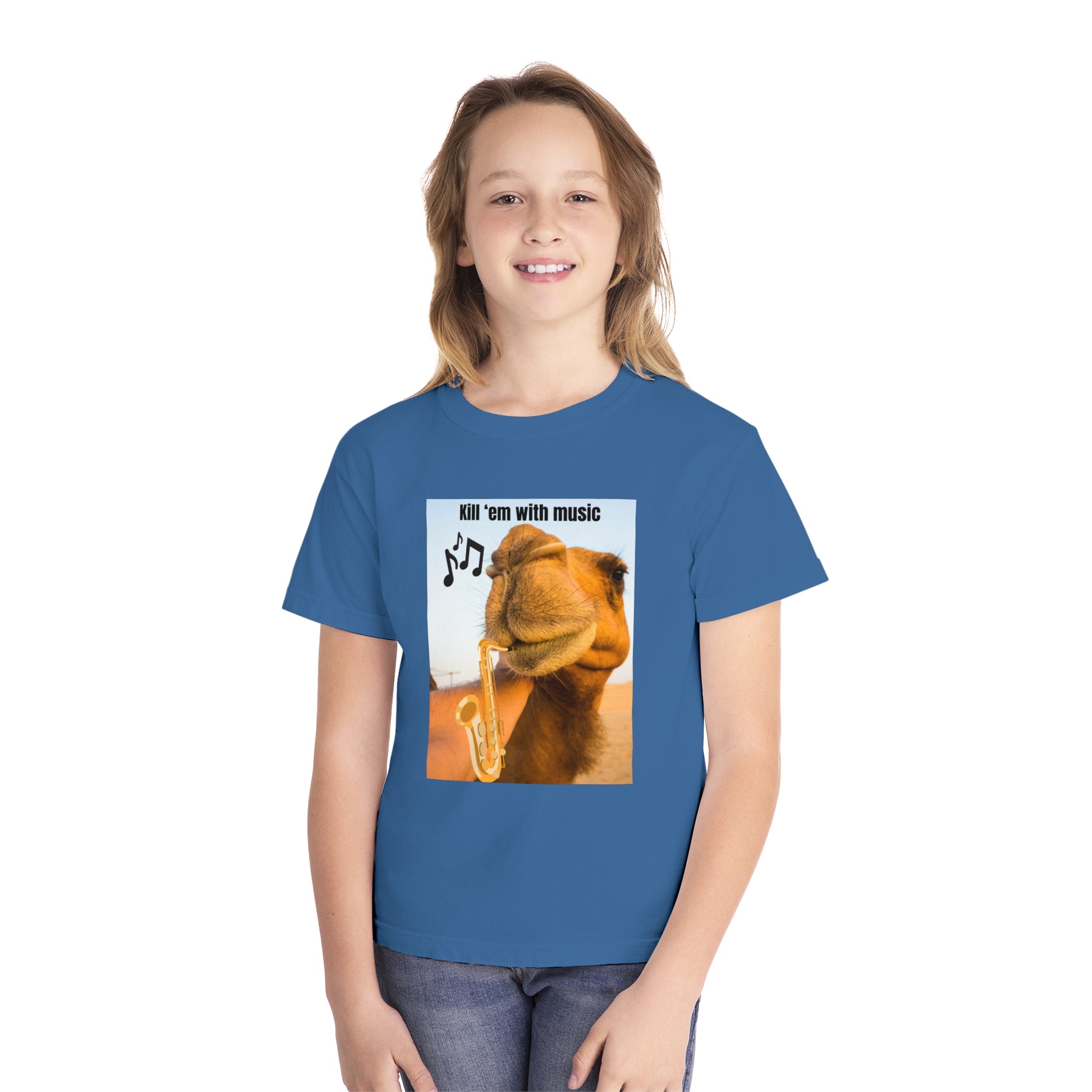 Funny Youth Tee with Camel Design, Humorous Kids' Shirt, 'Kill 'em with Music' Graphic Tee, Gift for Young Music Lovers, Unique Youth [...]