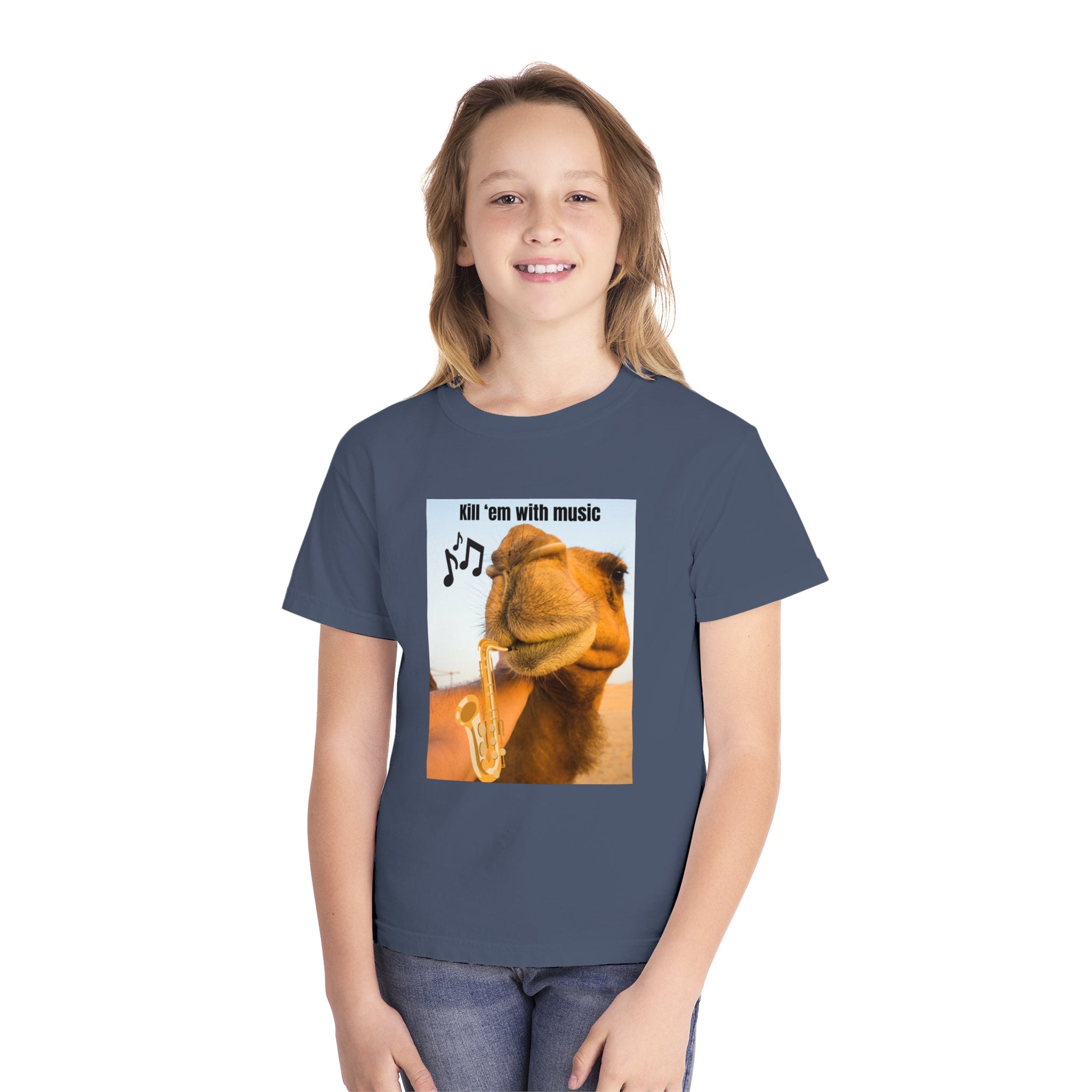 Funny Youth Tee with Camel Design, Humorous Kids' Shirt, 'Kill 'em with Music' Graphic Tee, Gift for Young Music Lovers, Unique Youth [...]