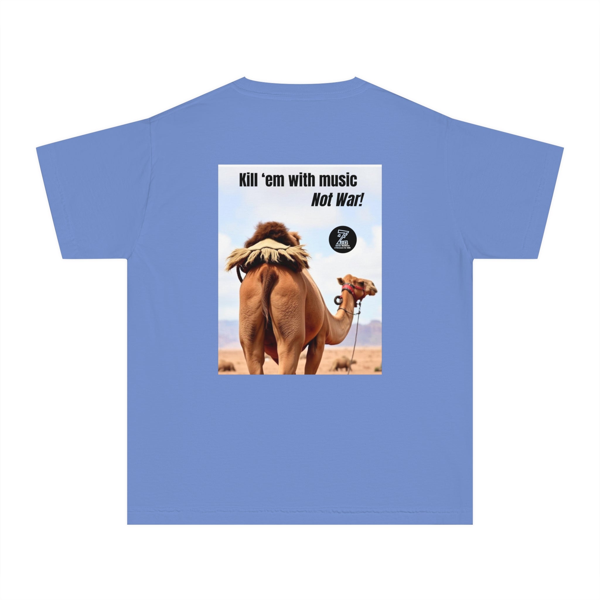 Funny Youth Tee with Camel Design, Humorous Kids' Shirt, 'Kill 'em with Music' Graphic Tee, Gift for Young Music Lovers, Unique Youth [...]