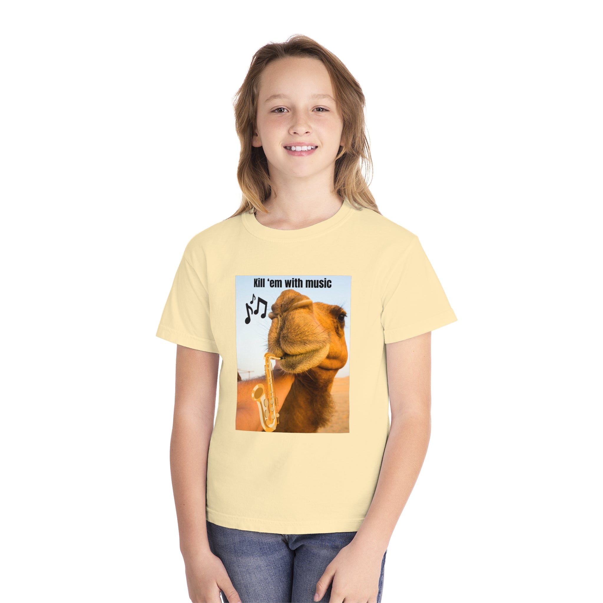 Funny Youth Tee with Camel Design, Humorous Kids' Shirt, 'Kill 'em with Music' Graphic Tee, Gift for Young Music Lovers, Unique Youth [...]