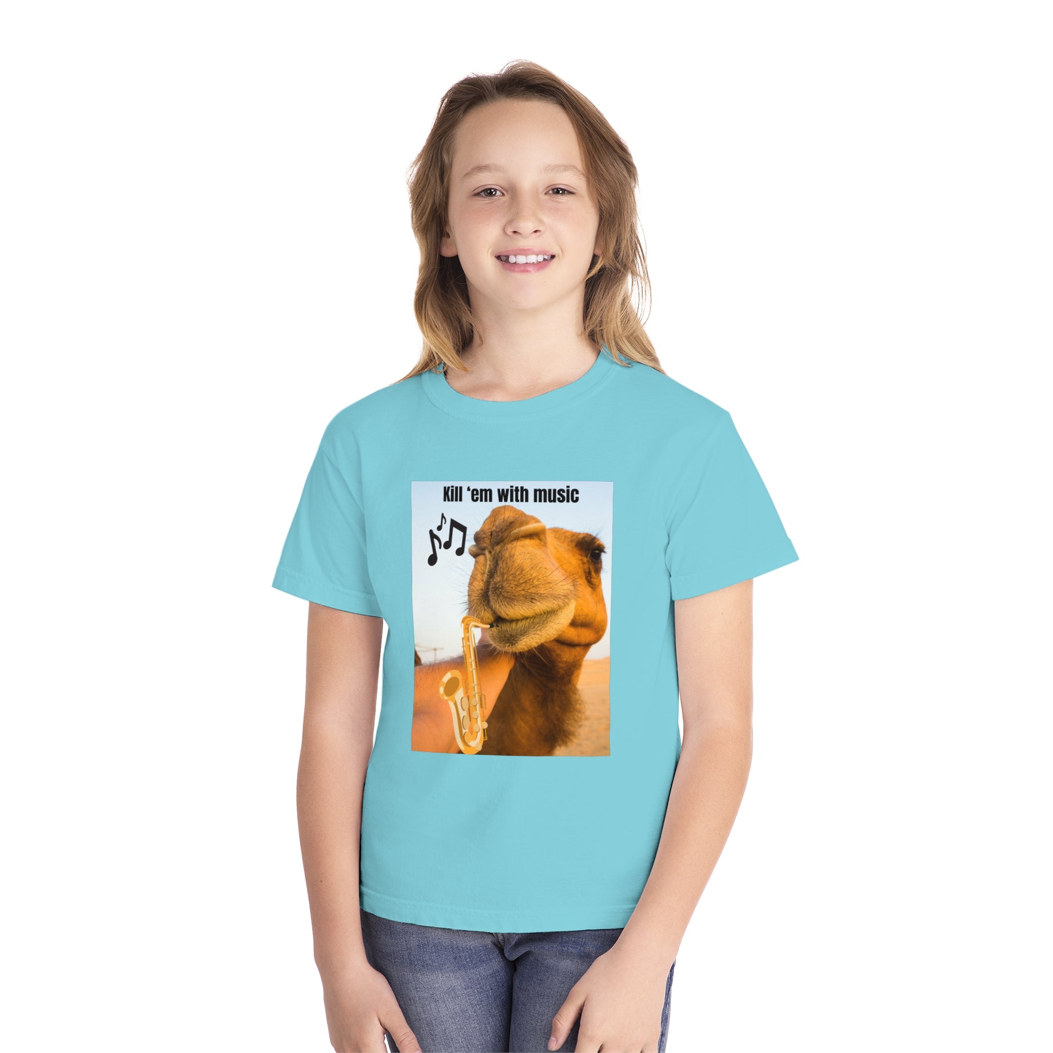 Funny Youth Tee with Camel Design, Humorous Kids' Shirt, 'Kill 'em with Music' Graphic Tee, Gift for Young Music Lovers, Unique Youth [...]