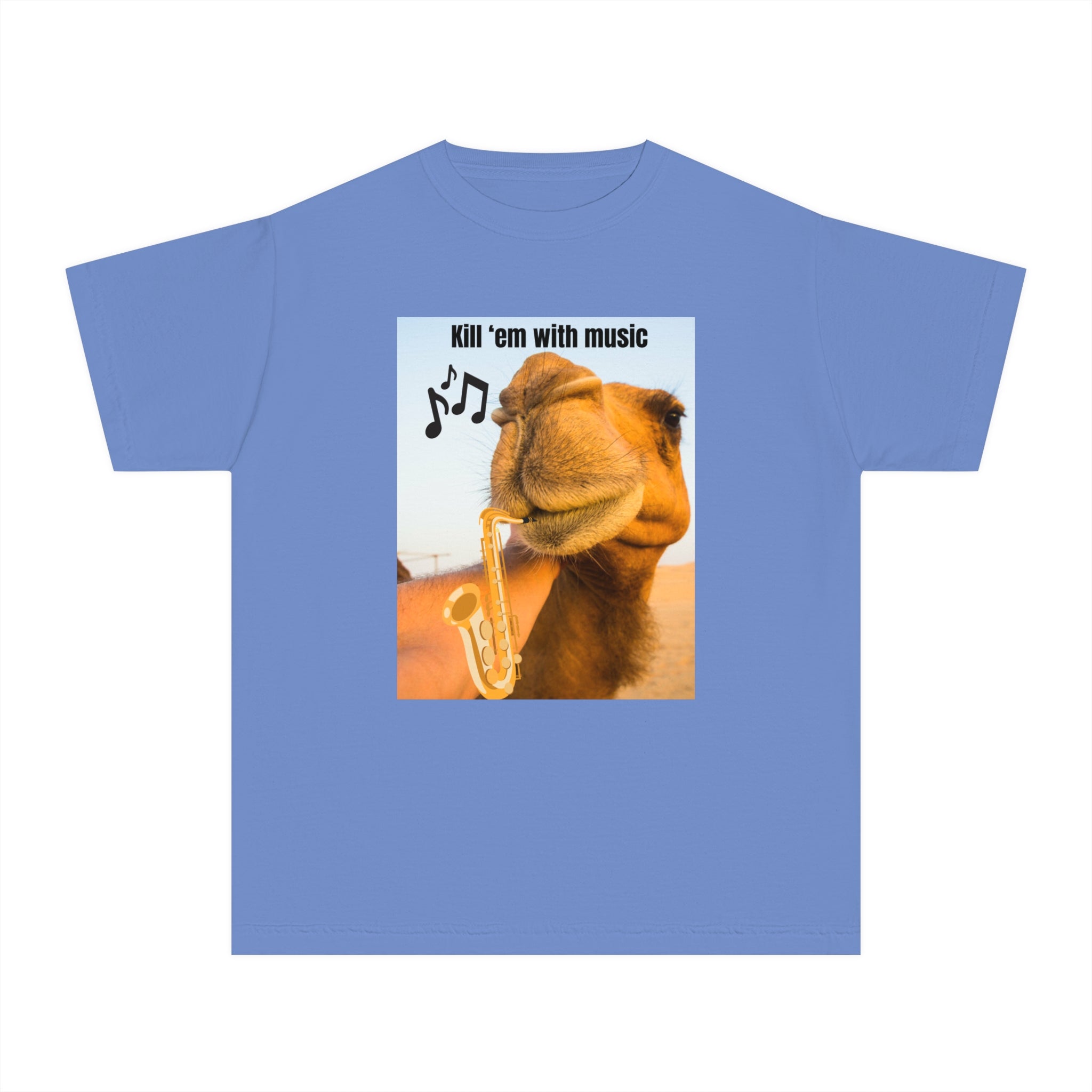 Funny Youth Tee with Camel Design, Humorous Kids' Shirt, 'Kill 'em with Music' Graphic Tee, Gift for Young Music Lovers, Unique Youth [...]