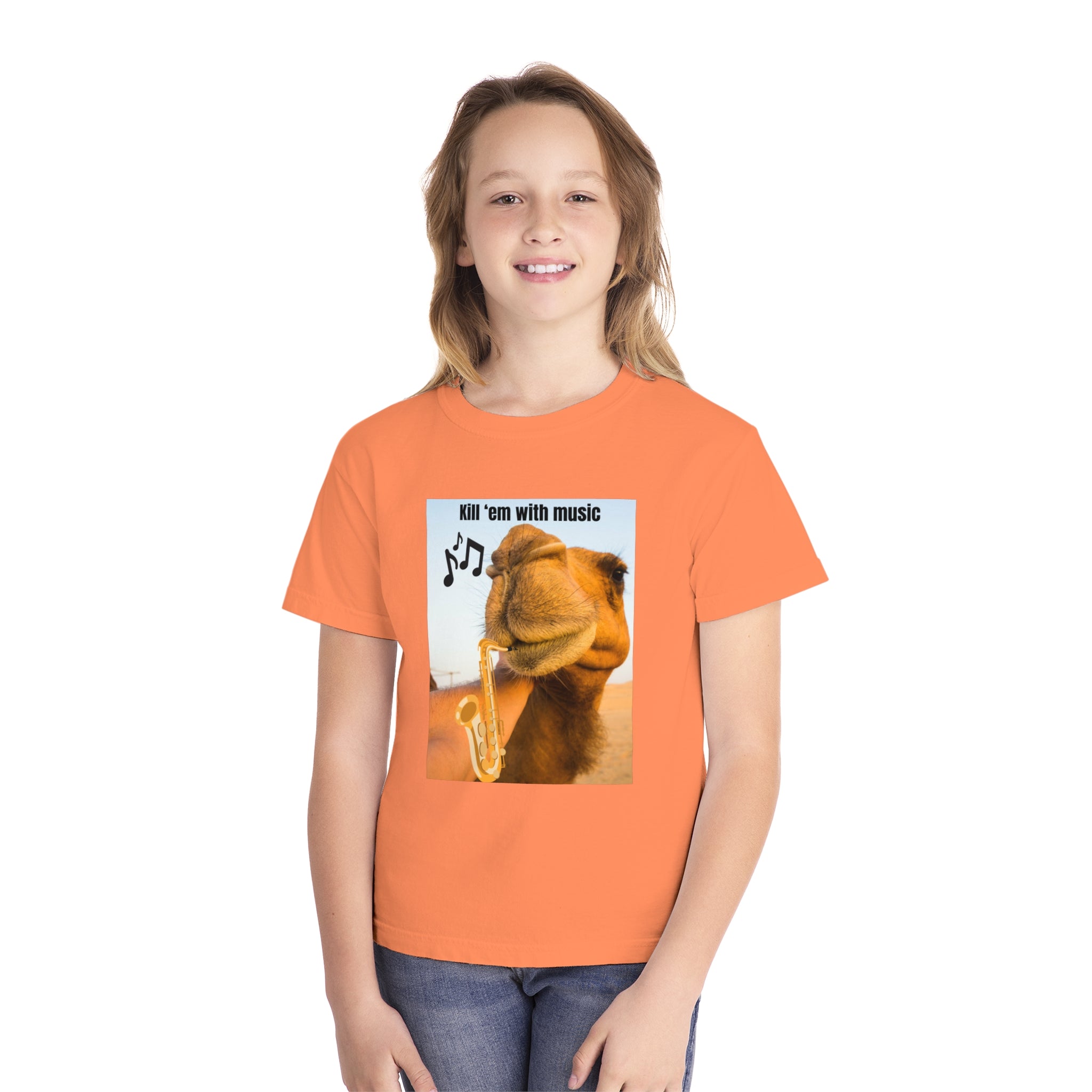 Funny Youth Tee with Camel Design, Humorous Kids' Shirt, 'Kill 'em with Music' Graphic Tee, Gift for Young Music Lovers, Unique Youth [...]