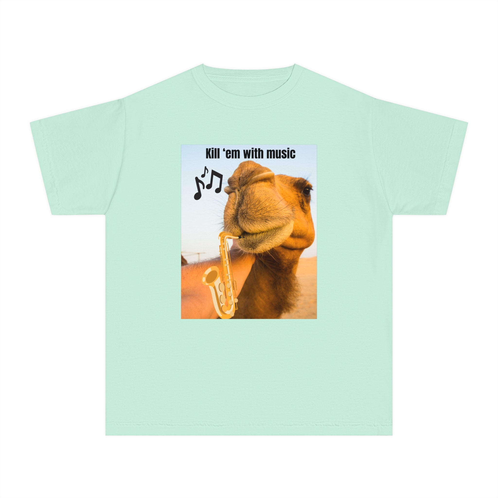 Funny Youth Tee with Camel Design, Humorous Kids' Shirt, 'Kill 'em with Music' Graphic Tee, Gift for Young Music Lovers, Unique Youth [...]