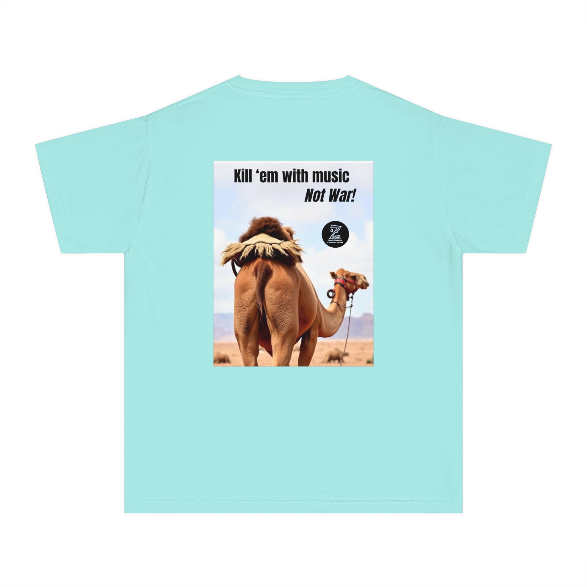 Funny Youth Tee with Camel Design, Humorous Kids' Shirt, 'Kill 'em with Music' Graphic Tee, Gift for Young Music Lovers, Unique Youth [...]