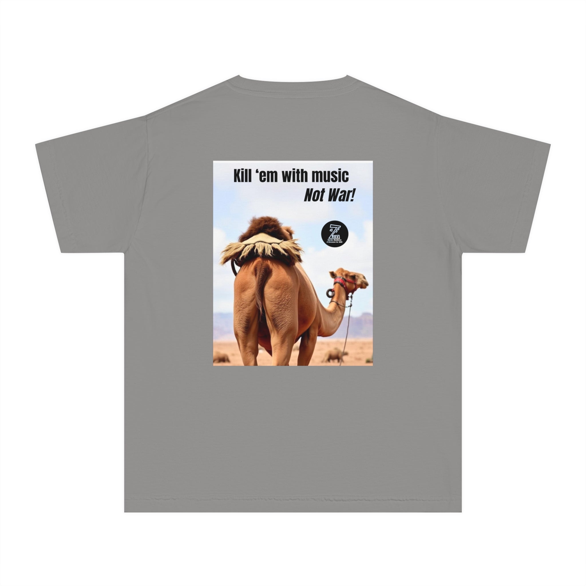 Funny Youth Tee with Camel Design, Humorous Kids' Shirt, 'Kill 'em with Music' Graphic Tee, Gift for Young Music Lovers, Unique Youth [...]