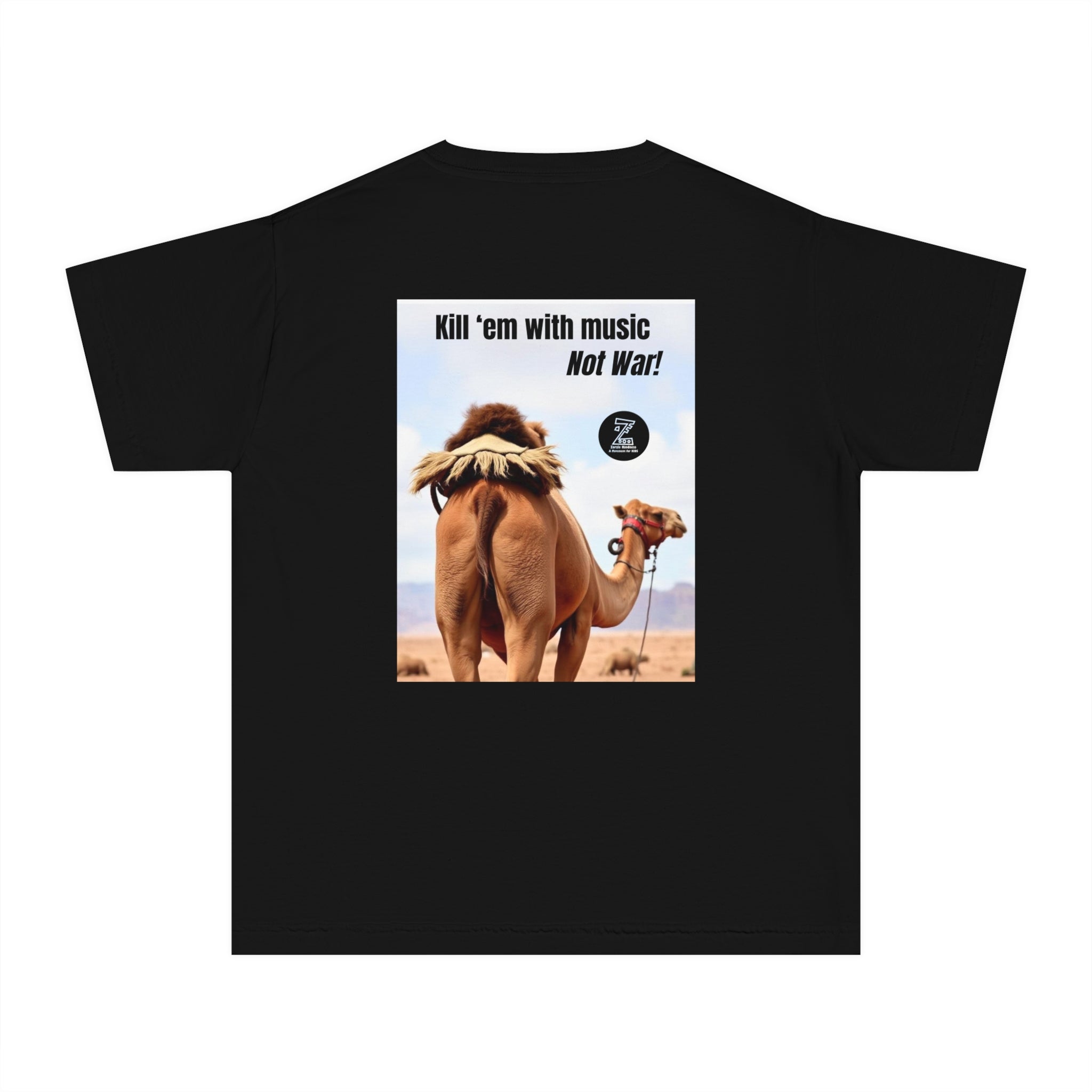Funny Youth Tee with Camel Design, Humorous Kids' Shirt, 'Kill 'em with Music' Graphic Tee, Gift for Young Music Lovers, Unique Youth [...]