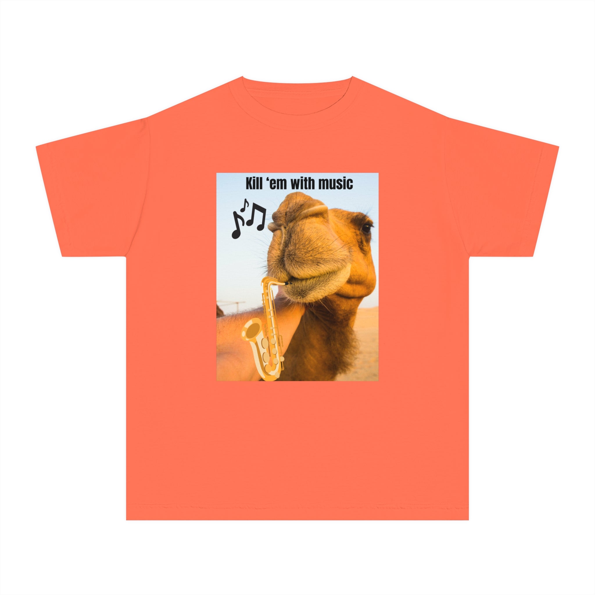 Funny Youth Tee with Camel Design, Humorous Kids' Shirt, 'Kill 'em with Music' Graphic Tee, Gift for Young Music Lovers, Unique Youth [...]