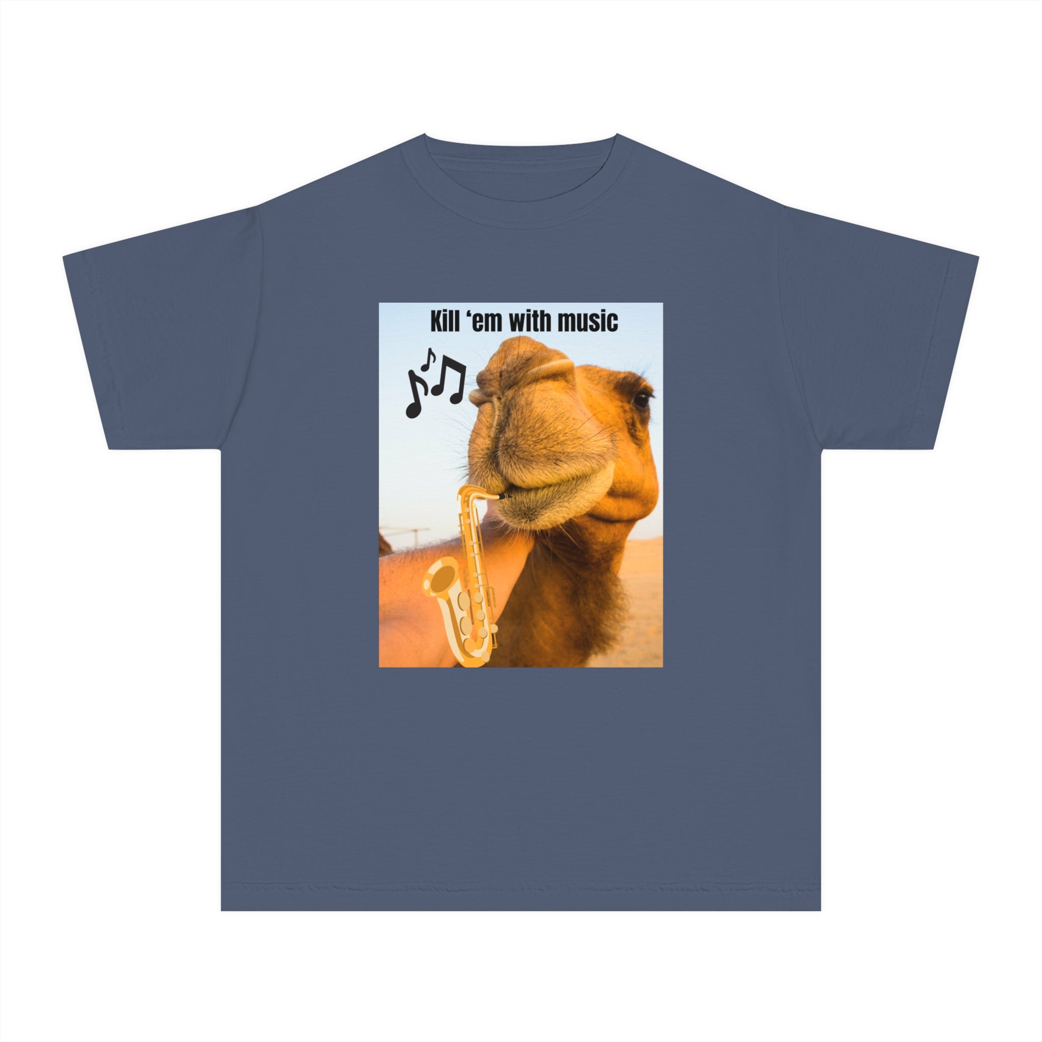 Funny Youth Tee with Camel Design, Humorous Kids' Shirt, 'Kill 'em with Music' Graphic Tee, Gift for Young Music Lovers, Unique Youth [...]