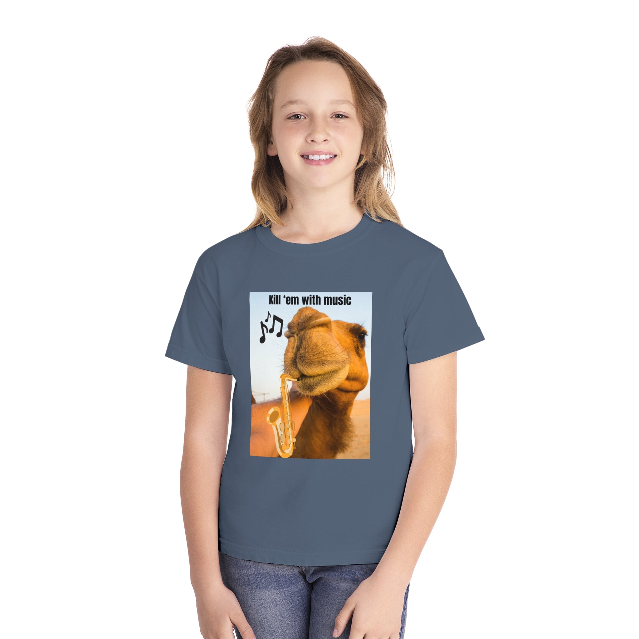 Funny Youth Tee with Camel Design, Humorous Kids' Shirt, 'Kill 'em with Music' Graphic Tee, Gift for Young Music Lovers, Unique Youth [...]