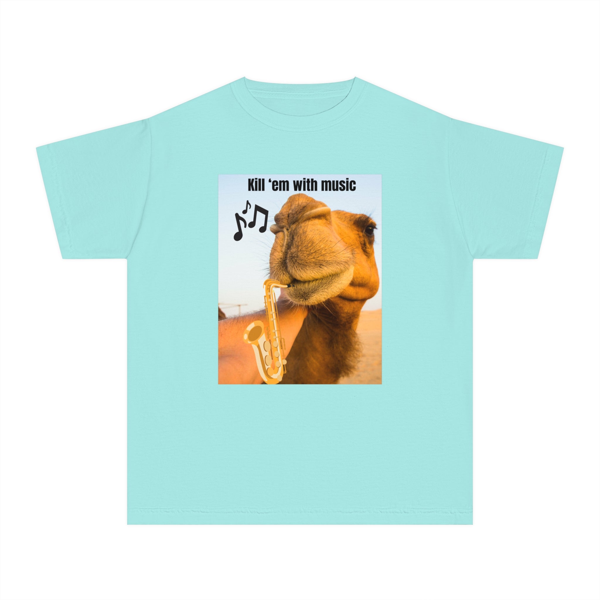 Funny Youth Tee with Camel Design, Humorous Kids' Shirt, 'Kill 'em with Music' Graphic Tee, Gift for Young Music Lovers, Unique Youth [...]