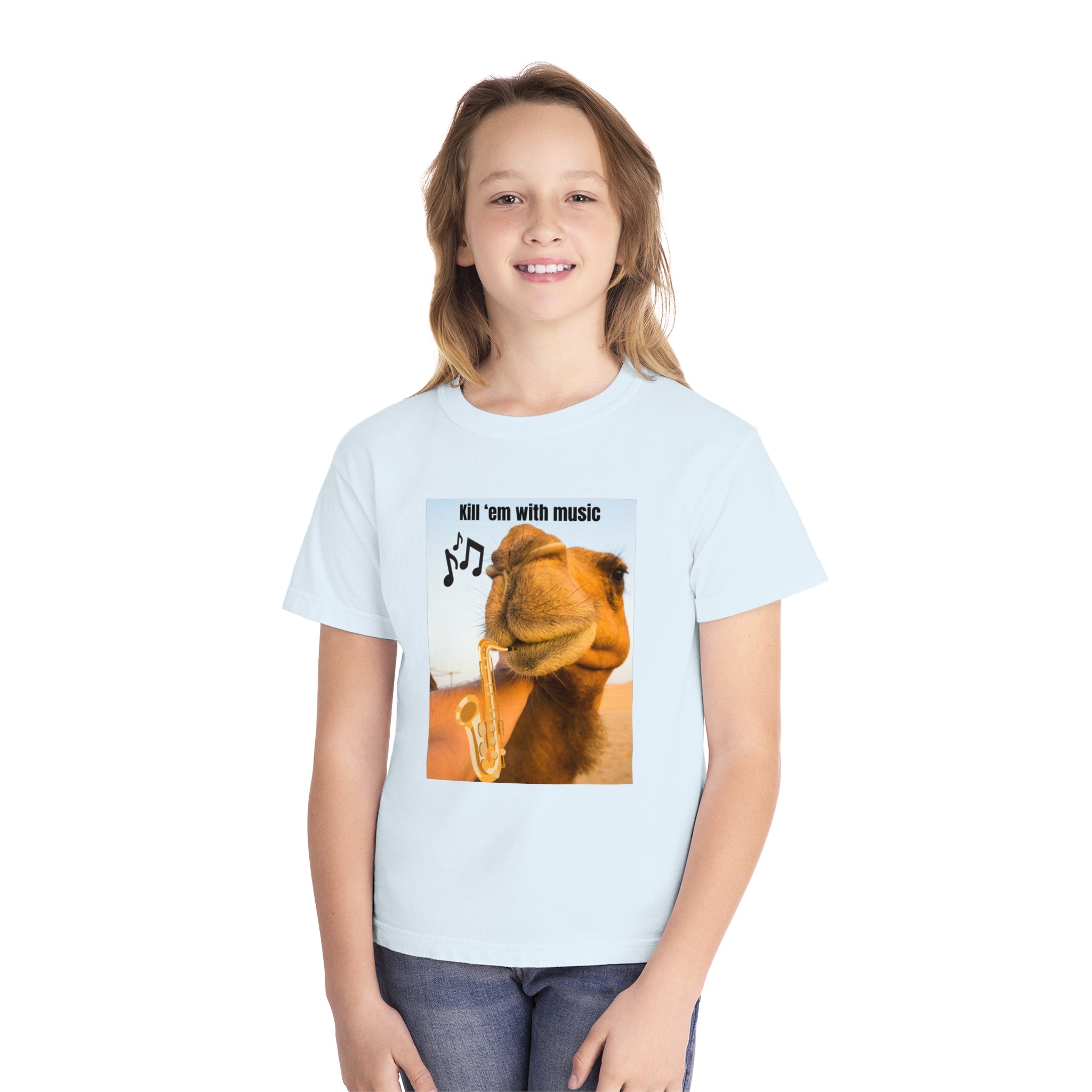 Funny Youth Tee with Camel Design, Humorous Kids' Shirt, 'Kill 'em with Music' Graphic Tee, Gift for Young Music Lovers, Unique Youth [...]