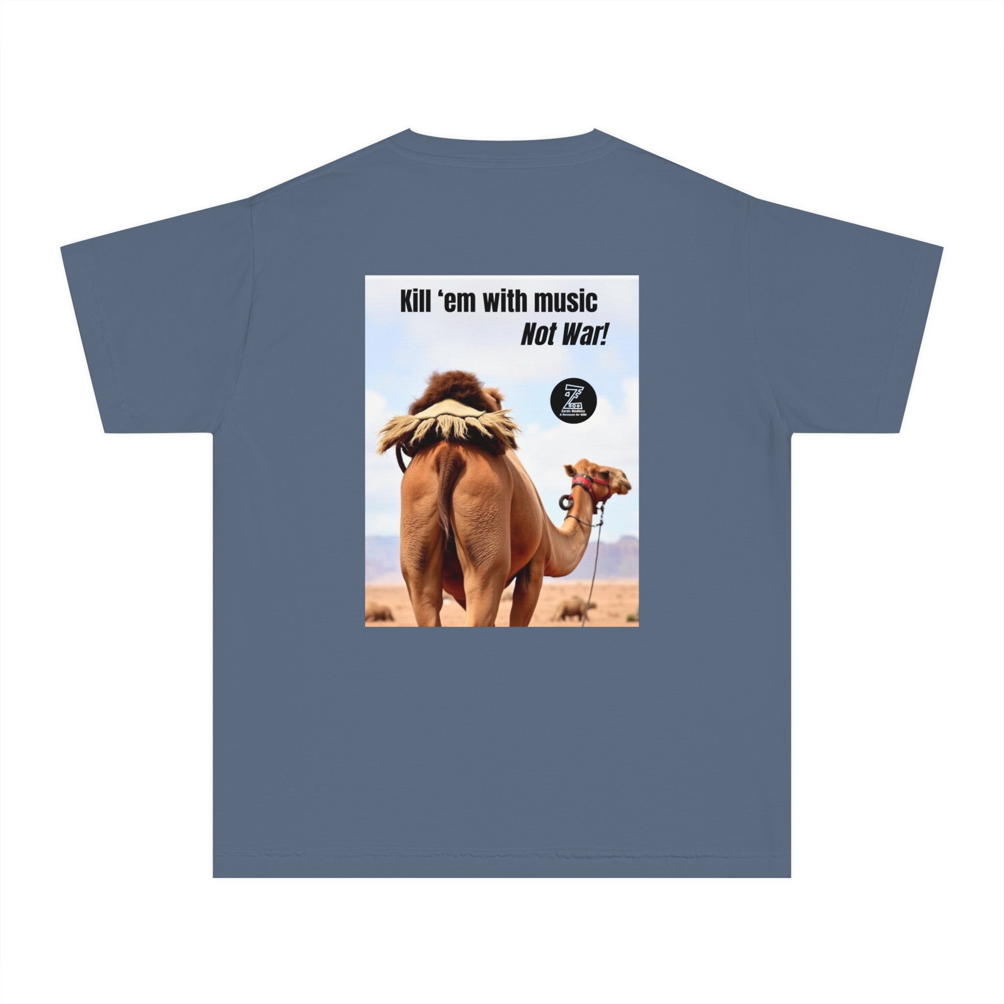 Funny Youth Tee with Camel Design, Humorous Kids' Shirt, 'Kill 'em with Music' Graphic Tee, Gift for Young Music Lovers, Unique Youth [...]
