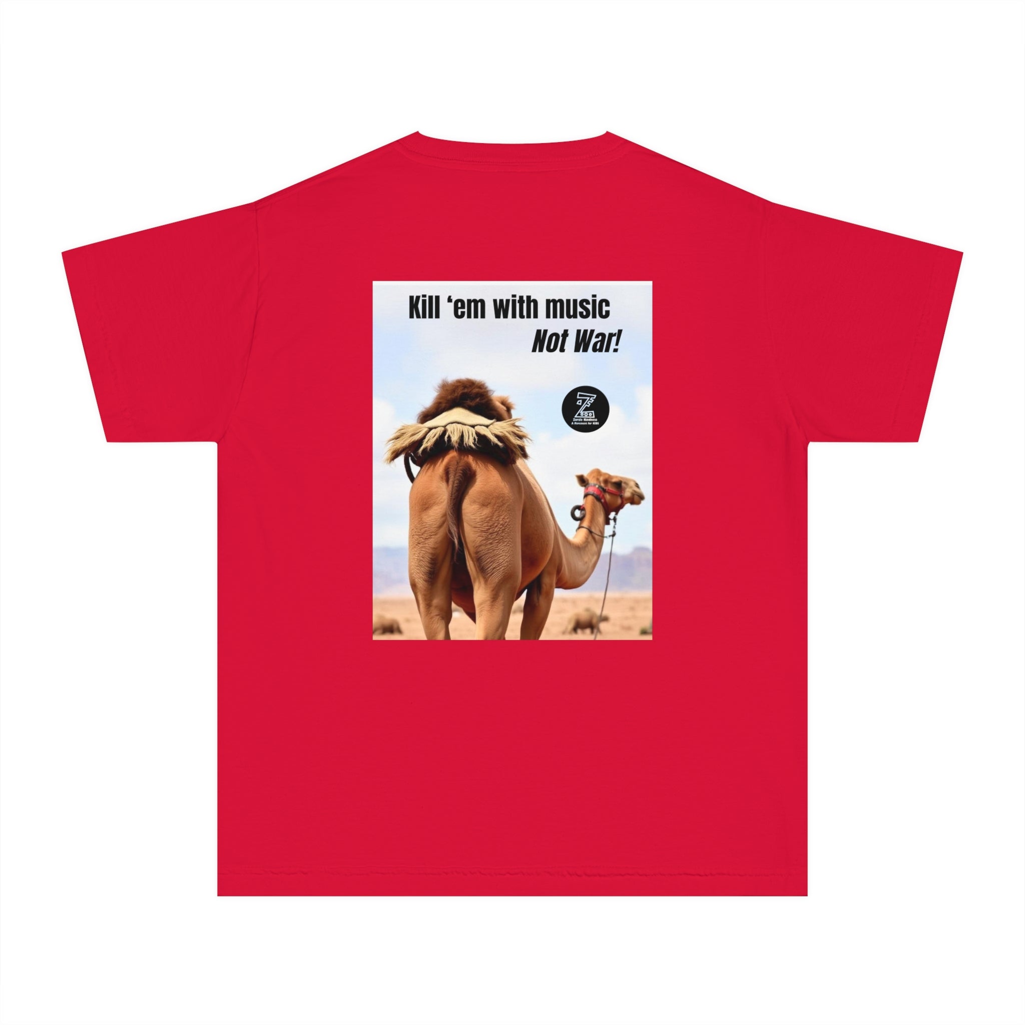 Funny Youth Tee with Camel Design, Humorous Kids' Shirt, 'Kill 'em with Music' Graphic Tee, Gift for Young Music Lovers, Unique Youth [...]