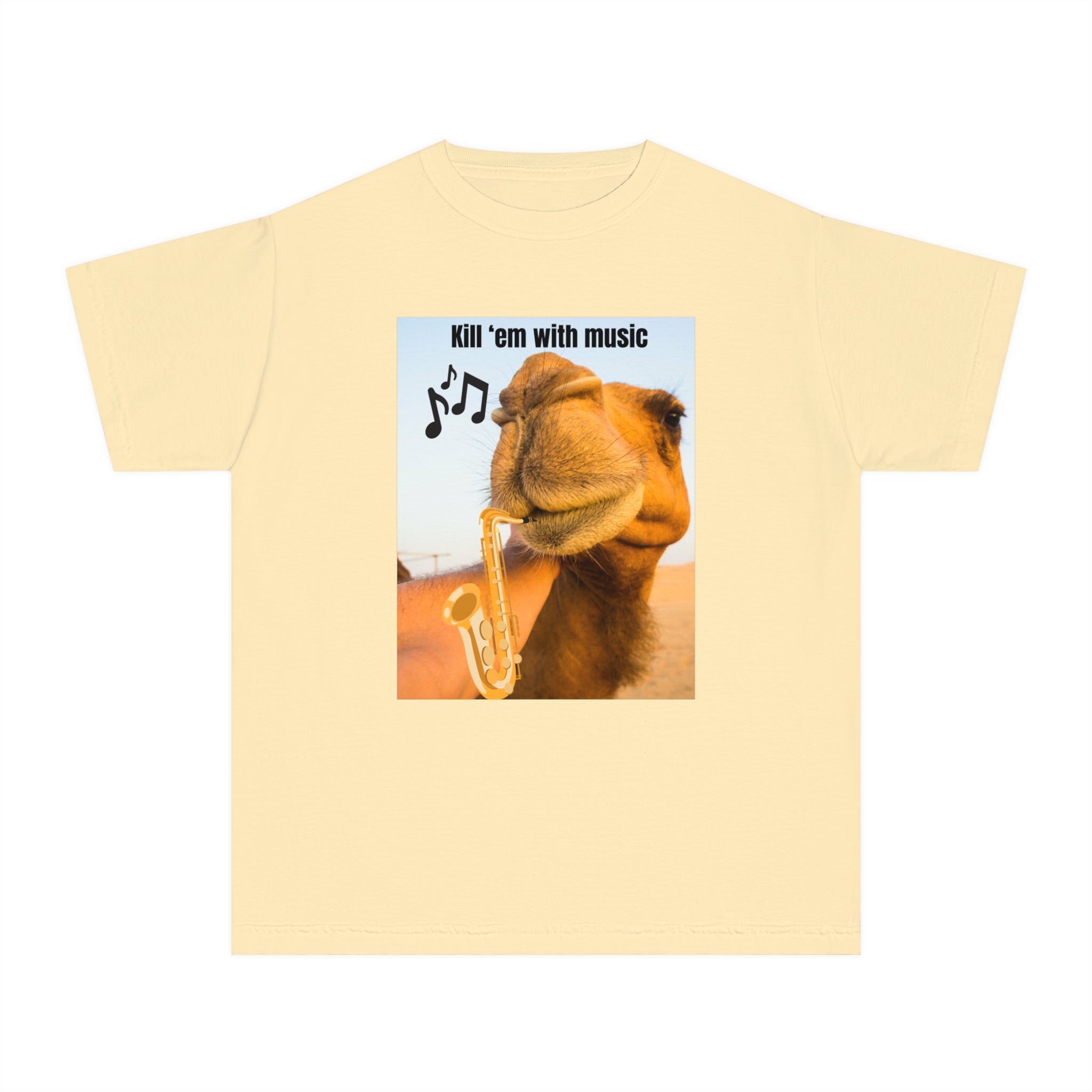 Funny Youth Tee with Camel Design, Humorous Kids' Shirt, 'Kill 'em with Music' Graphic Tee, Gift for Young Music Lovers, Unique Youth [...]