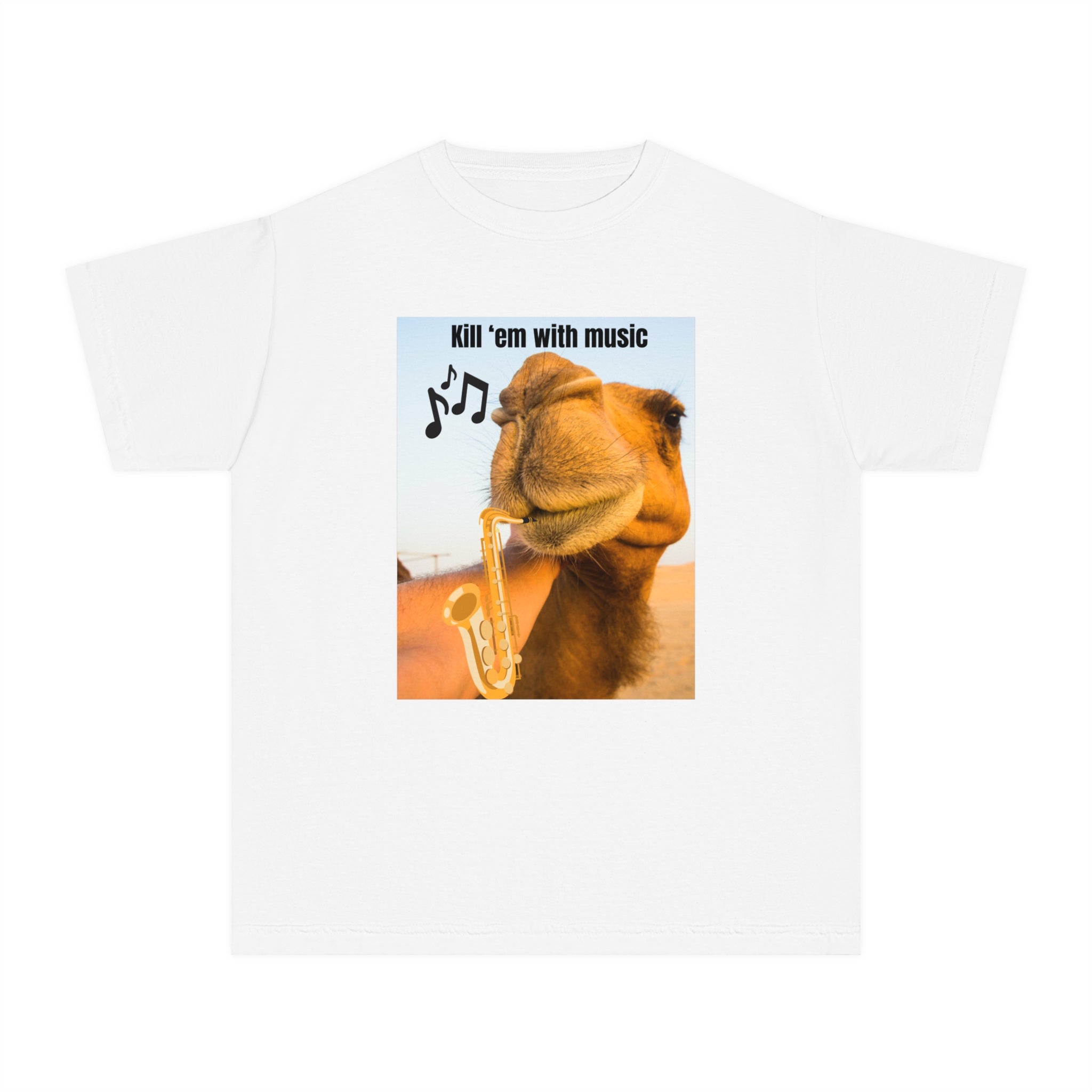 Funny Youth Tee with Camel Design, Humorous Kids' Shirt, 'Kill 'em with Music' Graphic Tee, Gift for Young Music Lovers, Unique Youth [...]