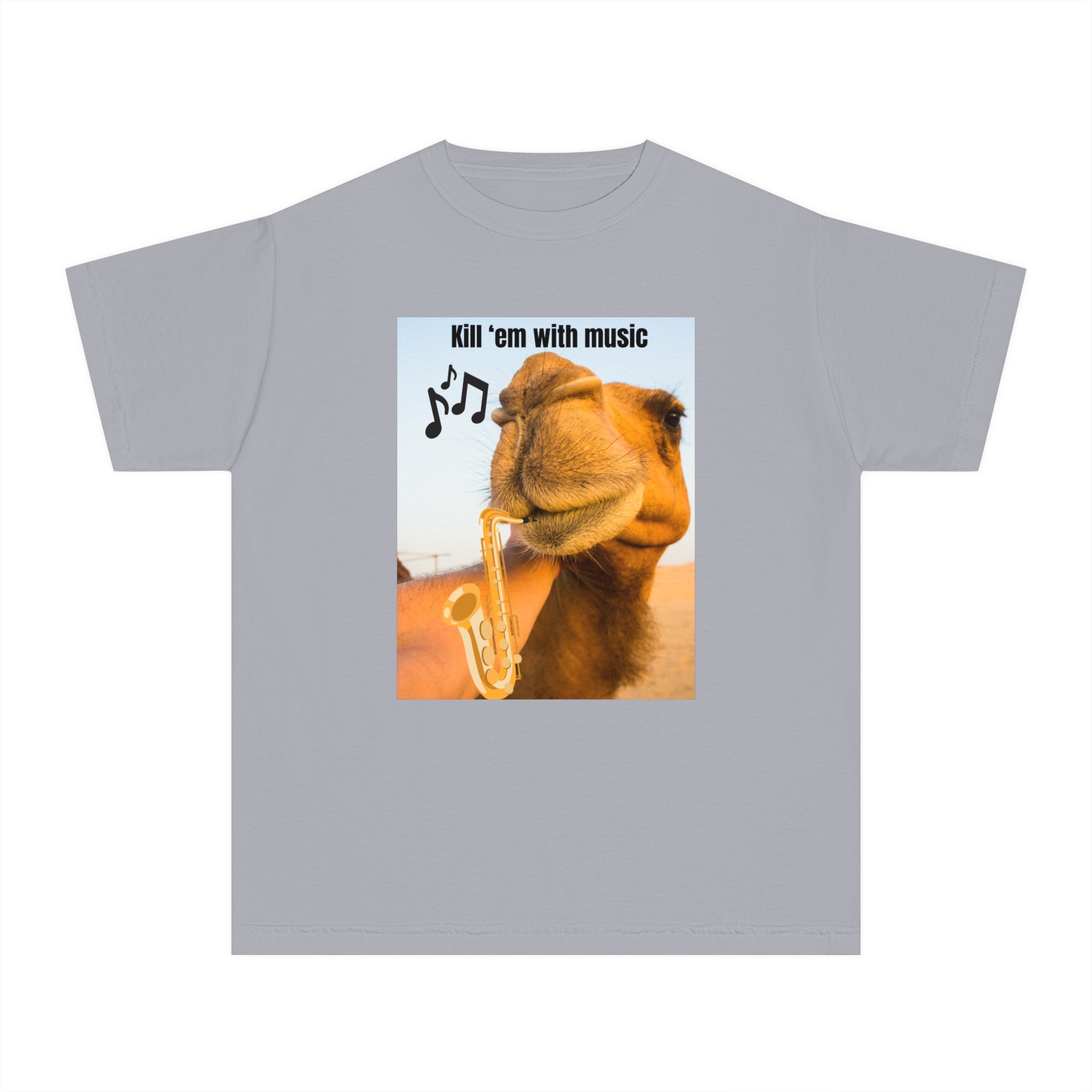 Funny Youth Tee with Camel Design, Humorous Kids' Shirt, 'Kill 'em with Music' Graphic Tee, Gift for Young Music Lovers, Unique Youth [...]
