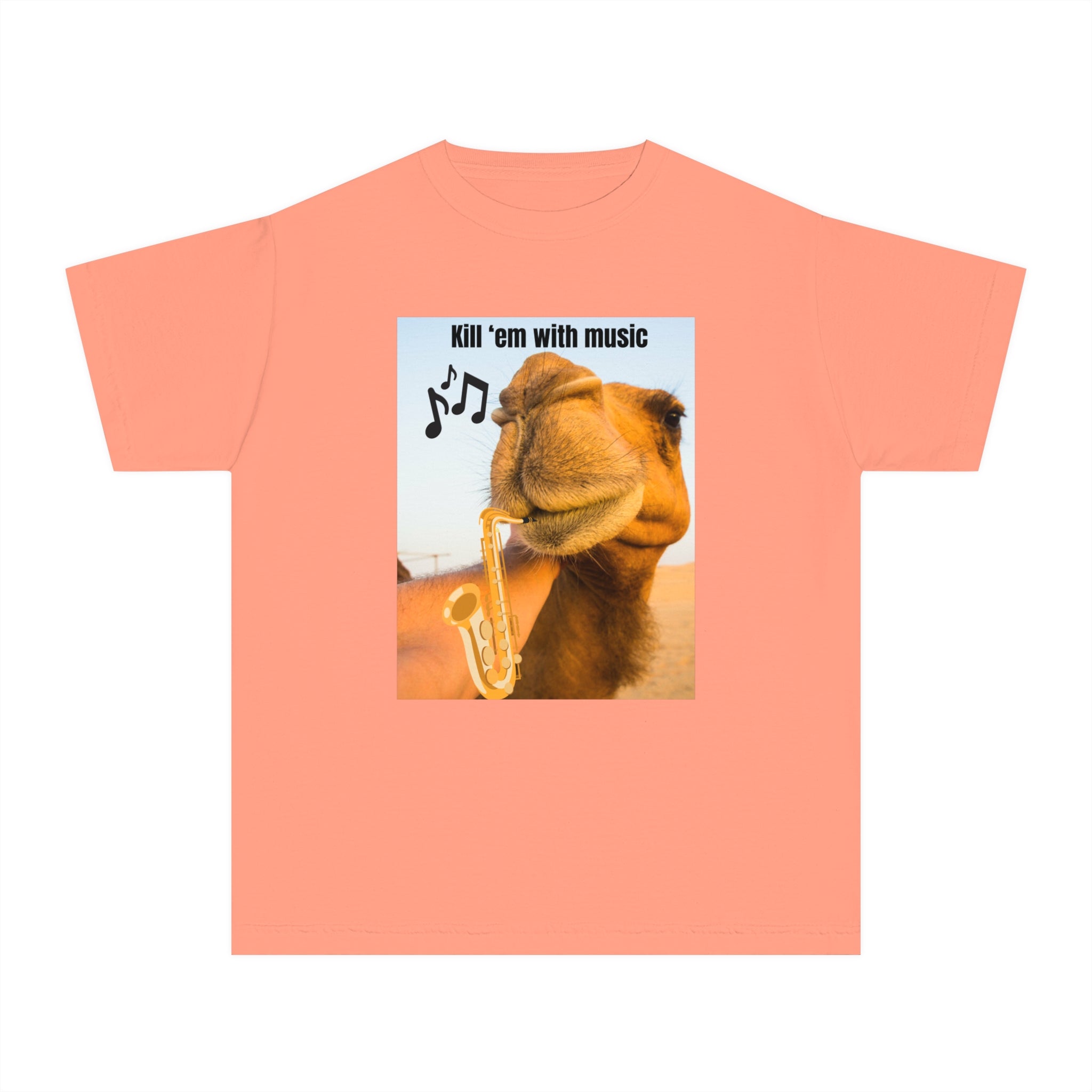 Funny Youth Tee with Camel Design, Humorous Kids' Shirt, 'Kill 'em with Music' Graphic Tee, Gift for Young Music Lovers, Unique Youth [...]