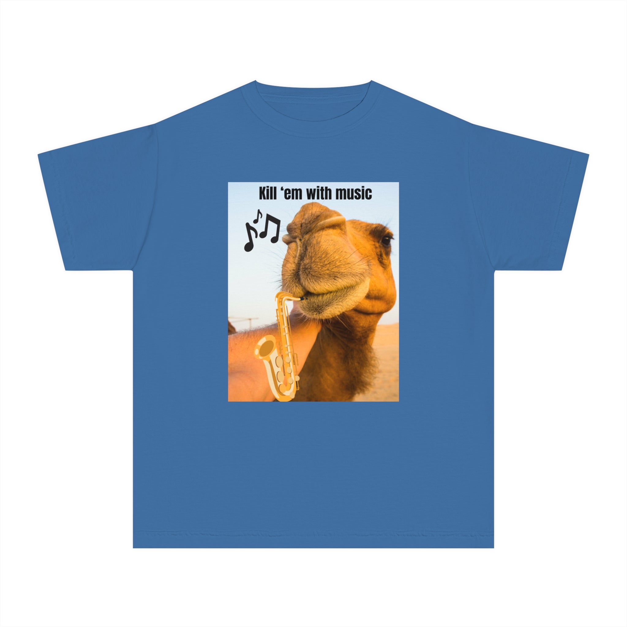 Funny Youth Tee with Camel Design, Humorous Kids' Shirt, 'Kill 'em with Music' Graphic Tee, Gift for Young Music Lovers, Unique Youth [...]
