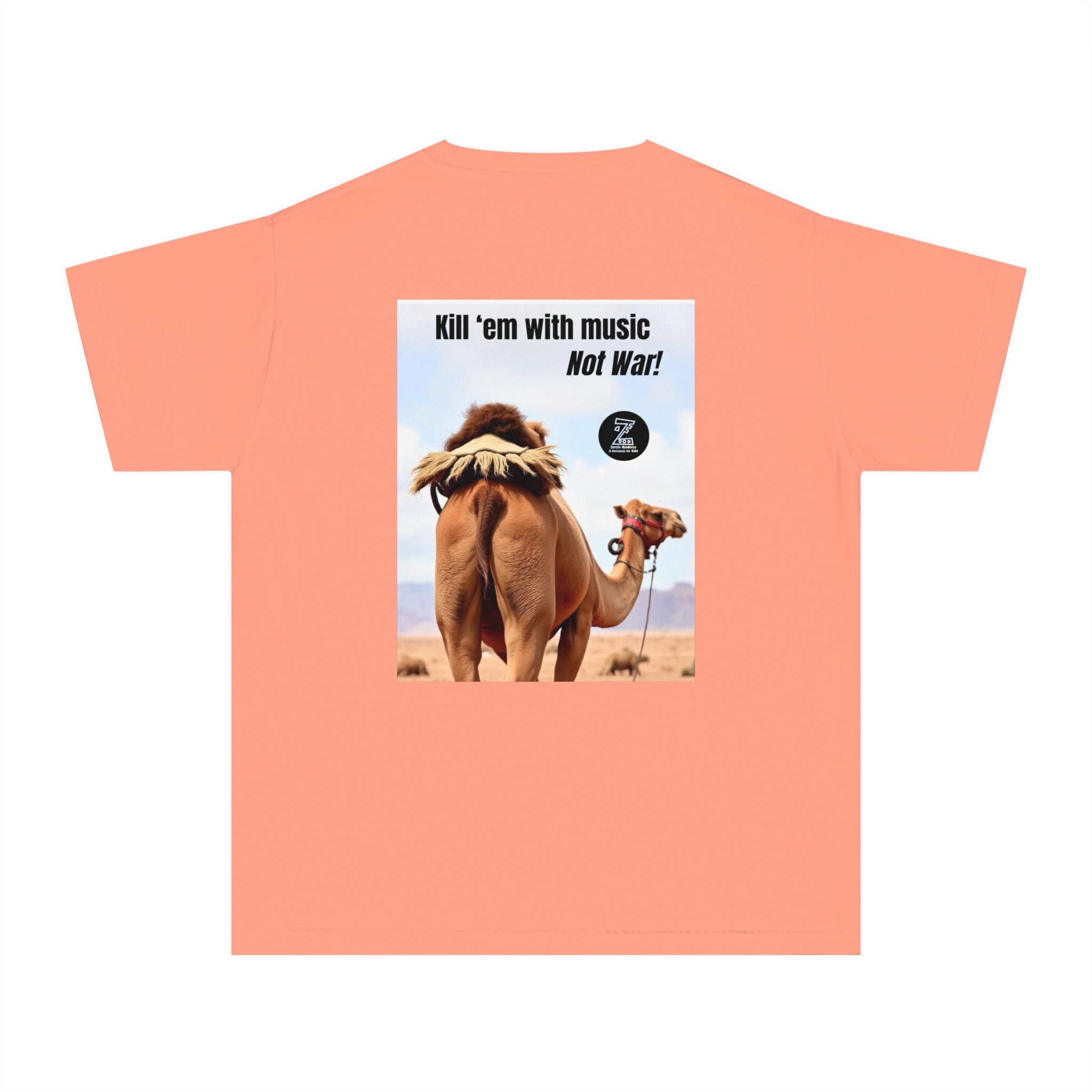 Funny Youth Tee with Camel Design, Humorous Kids' Shirt, 'Kill 'em with Music' Graphic Tee, Gift for Young Music Lovers, Unique Youth [...]