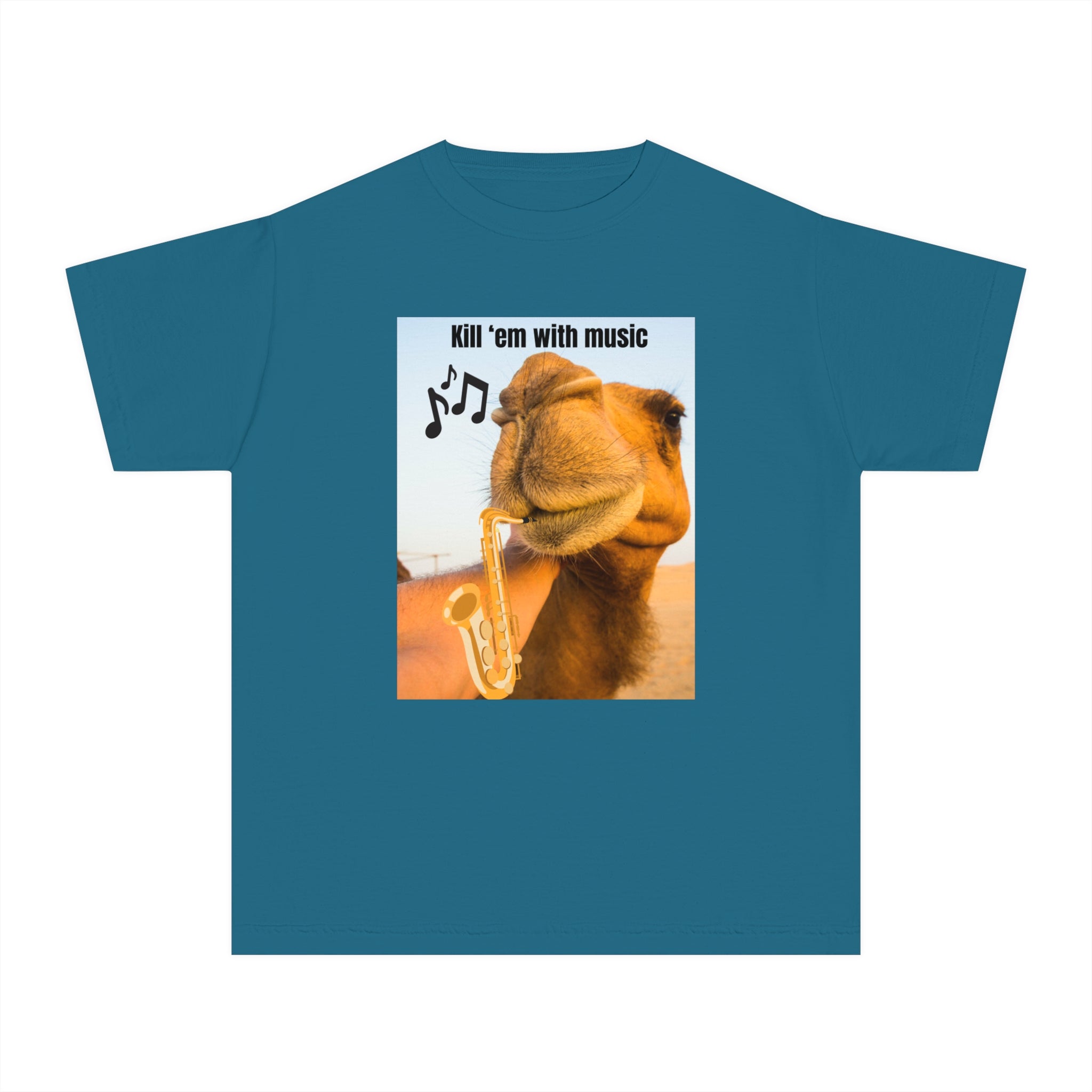Funny Youth Tee with Camel Design, Humorous Kids' Shirt, 'Kill 'em with Music' Graphic Tee, Gift for Young Music Lovers, Unique Youth [...]