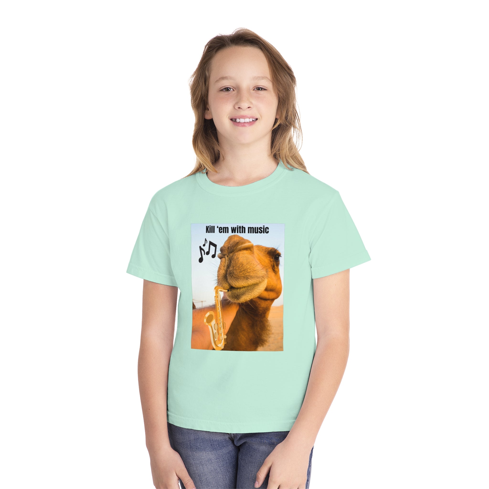 Funny Youth Tee with Camel Design, Humorous Kids' Shirt, 'Kill 'em with Music' Graphic Tee, Gift for Young Music Lovers, Unique Youth [...]