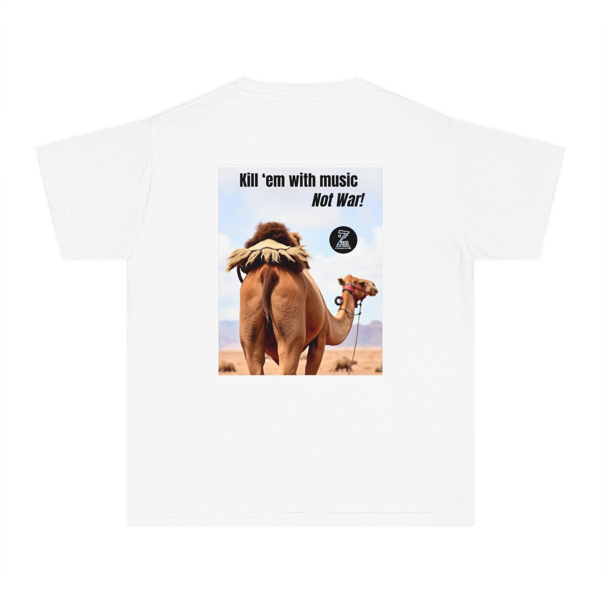 Funny Youth Tee with Camel Design, Humorous Kids' Shirt, 'Kill 'em with Music' Graphic Tee, Gift for Young Music Lovers, Unique Youth [...]