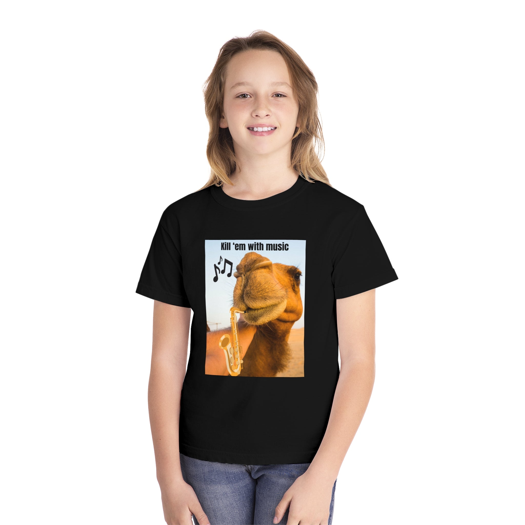 Funny Youth Tee with Camel Design, Humorous Kids' Shirt, 'Kill 'em with Music' Graphic Tee, Gift for Young Music Lovers, Unique Youth [...]