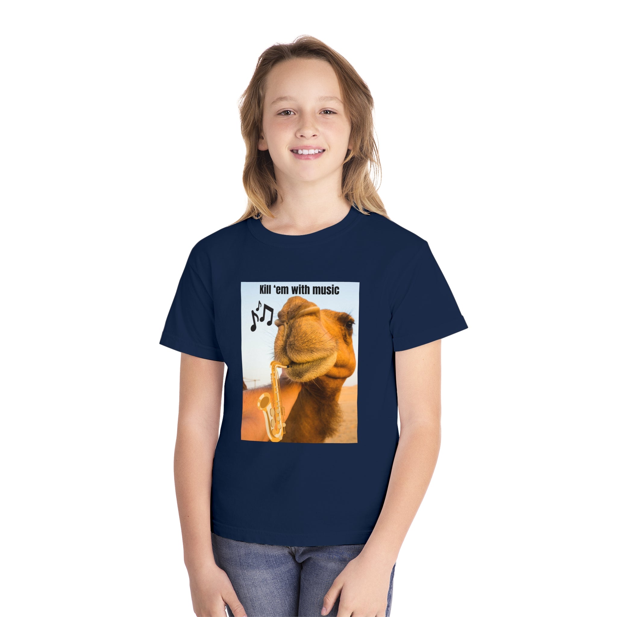 Funny Youth Tee with Camel Design, Humorous Kids' Shirt, 'Kill 'em with Music' Graphic Tee, Gift for Young Music Lovers, Unique Youth [...]