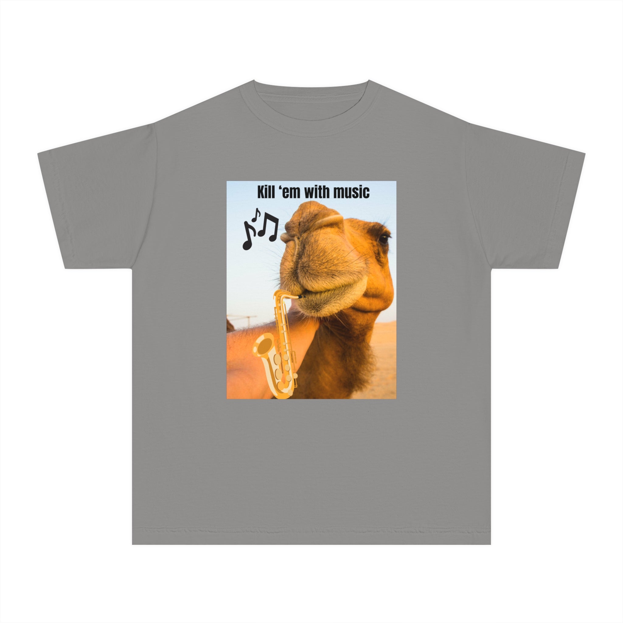 Funny Youth Tee with Camel Design, Humorous Kids' Shirt, 'Kill 'em with Music' Graphic Tee, Gift for Young Music Lovers, Unique Youth [...]
