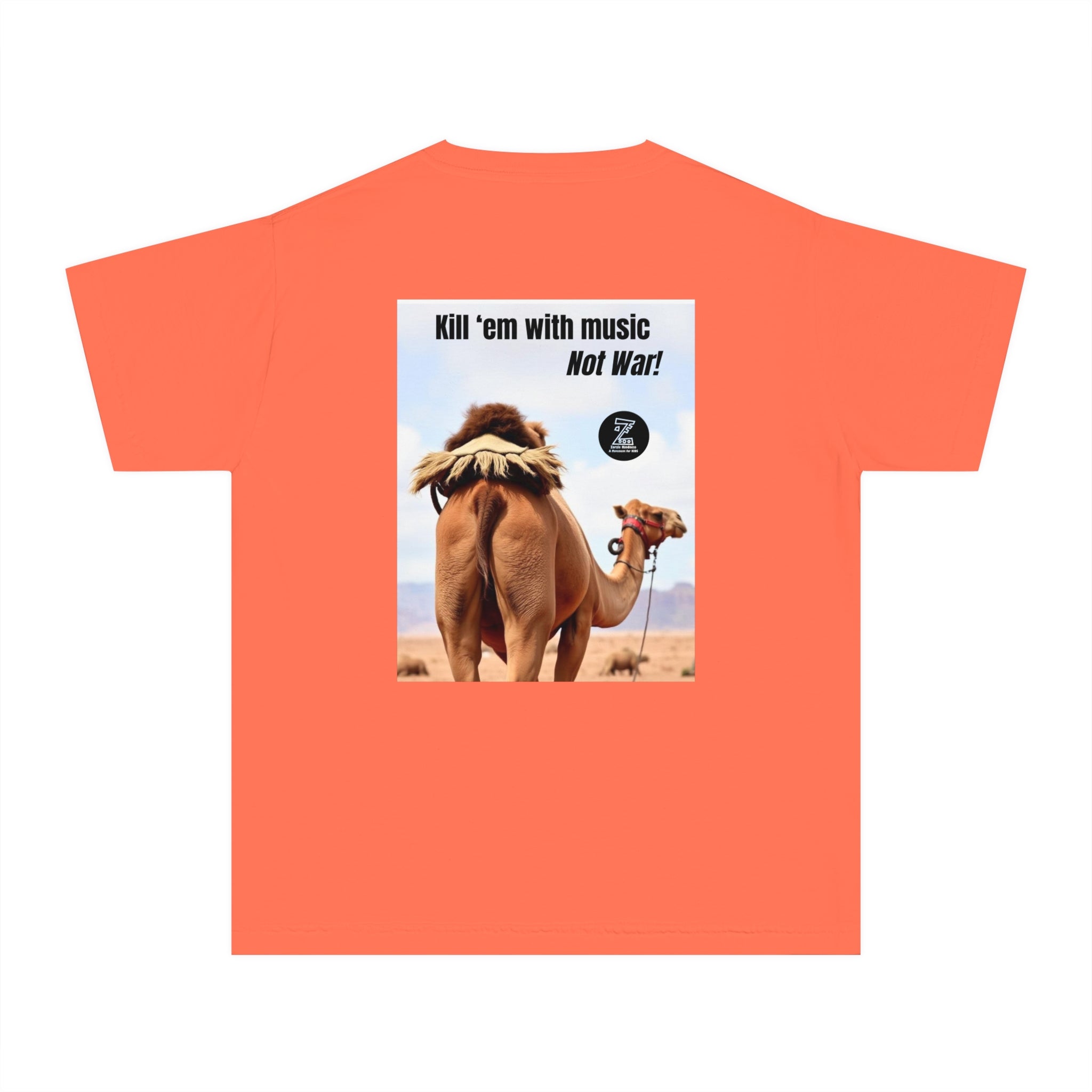 Funny Youth Tee with Camel Design, Humorous Kids' Shirt, 'Kill 'em with Music' Graphic Tee, Gift for Young Music Lovers, Unique Youth [...]
