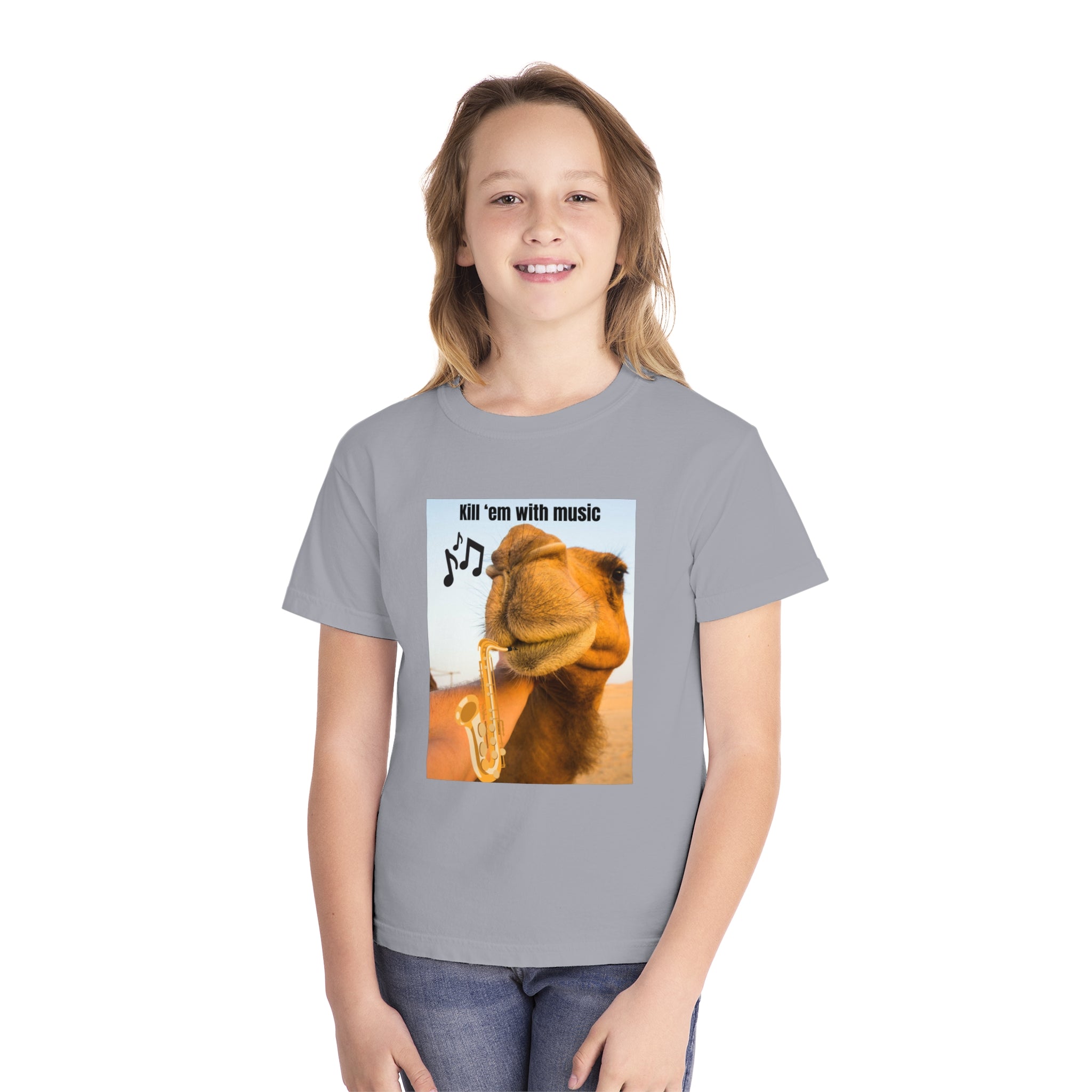 Funny Youth Tee with Camel Design, Humorous Kids' Shirt, 'Kill 'em with Music' Graphic Tee, Gift for Young Music Lovers, Unique Youth [...]