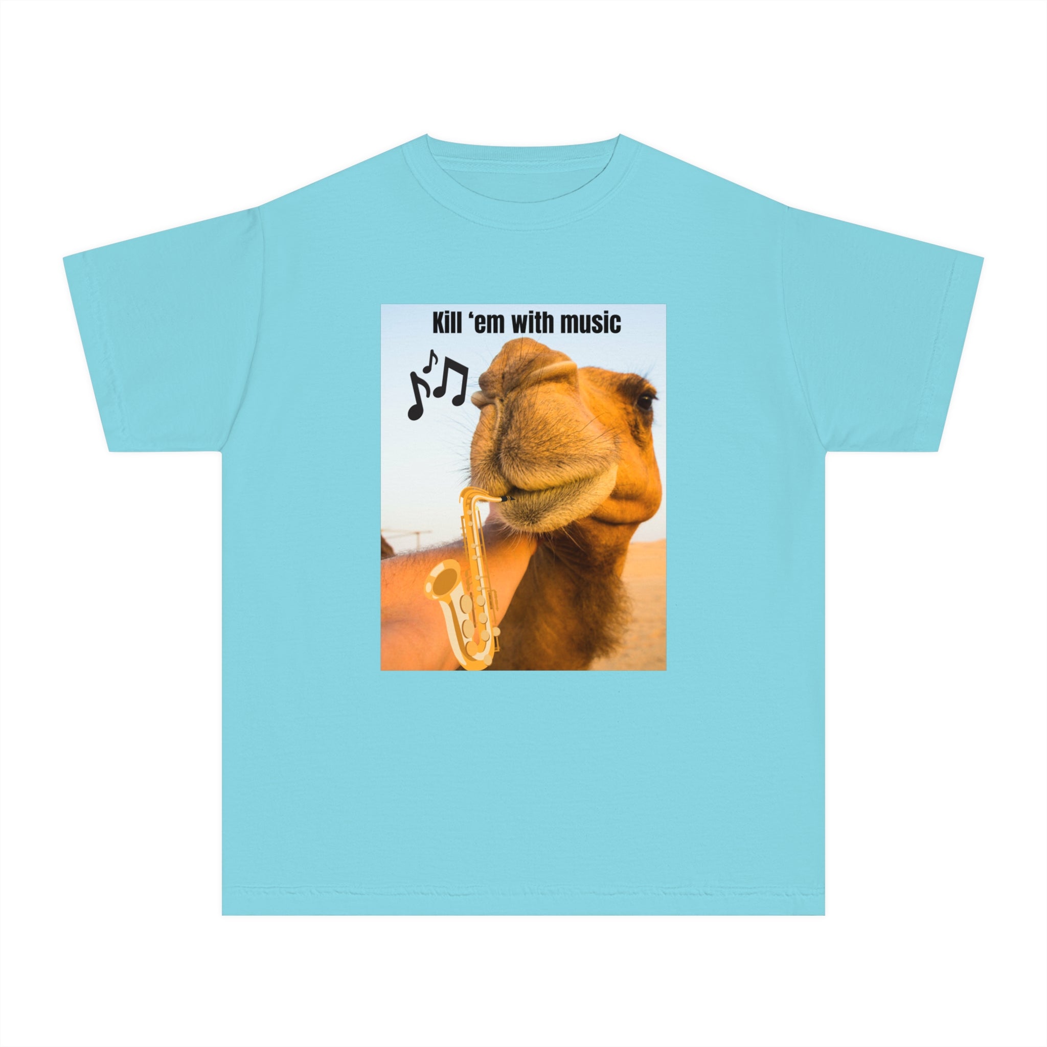 Funny Youth Tee with Camel Design, Humorous Kids' Shirt, 'Kill 'em with Music' Graphic Tee, Gift for Young Music Lovers, Unique Youth [...]