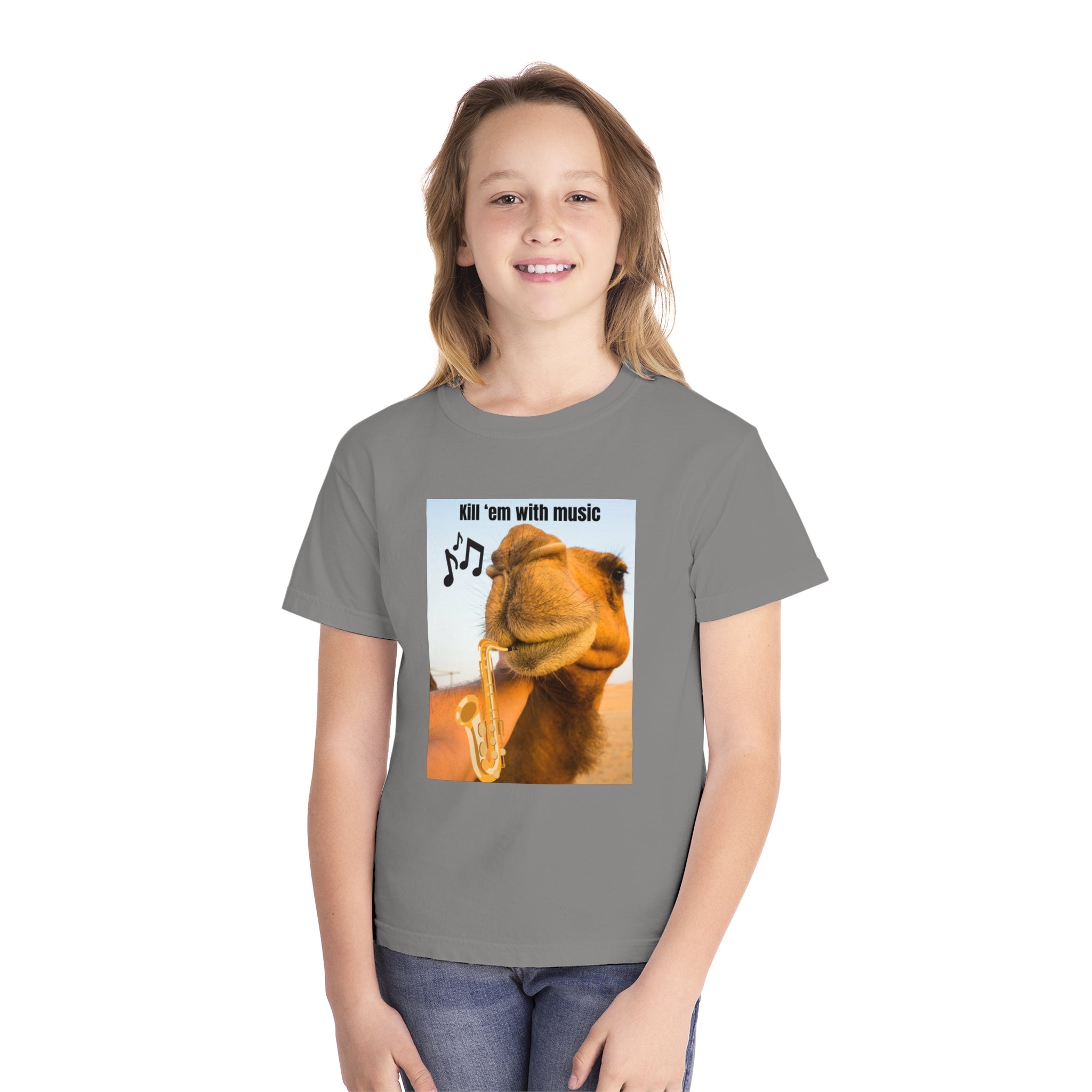 Funny Youth Tee with Camel Design, Humorous Kids' Shirt, 'Kill 'em with Music' Graphic Tee, Gift for Young Music Lovers, Unique Youth [...]