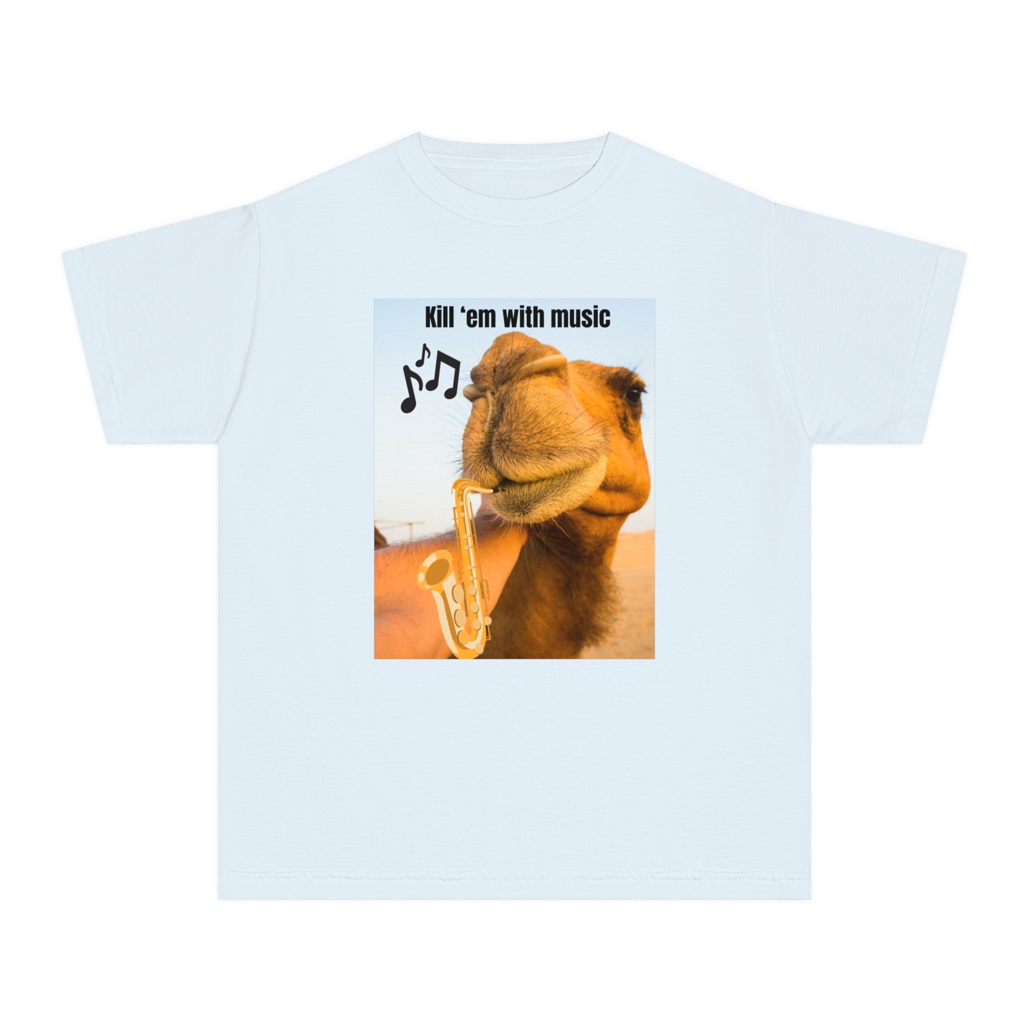 Funny Youth Tee with Camel Design, Humorous Kids' Shirt, 'Kill 'em with Music' Graphic Tee, Gift for Young Music Lovers, Unique Youth [...]