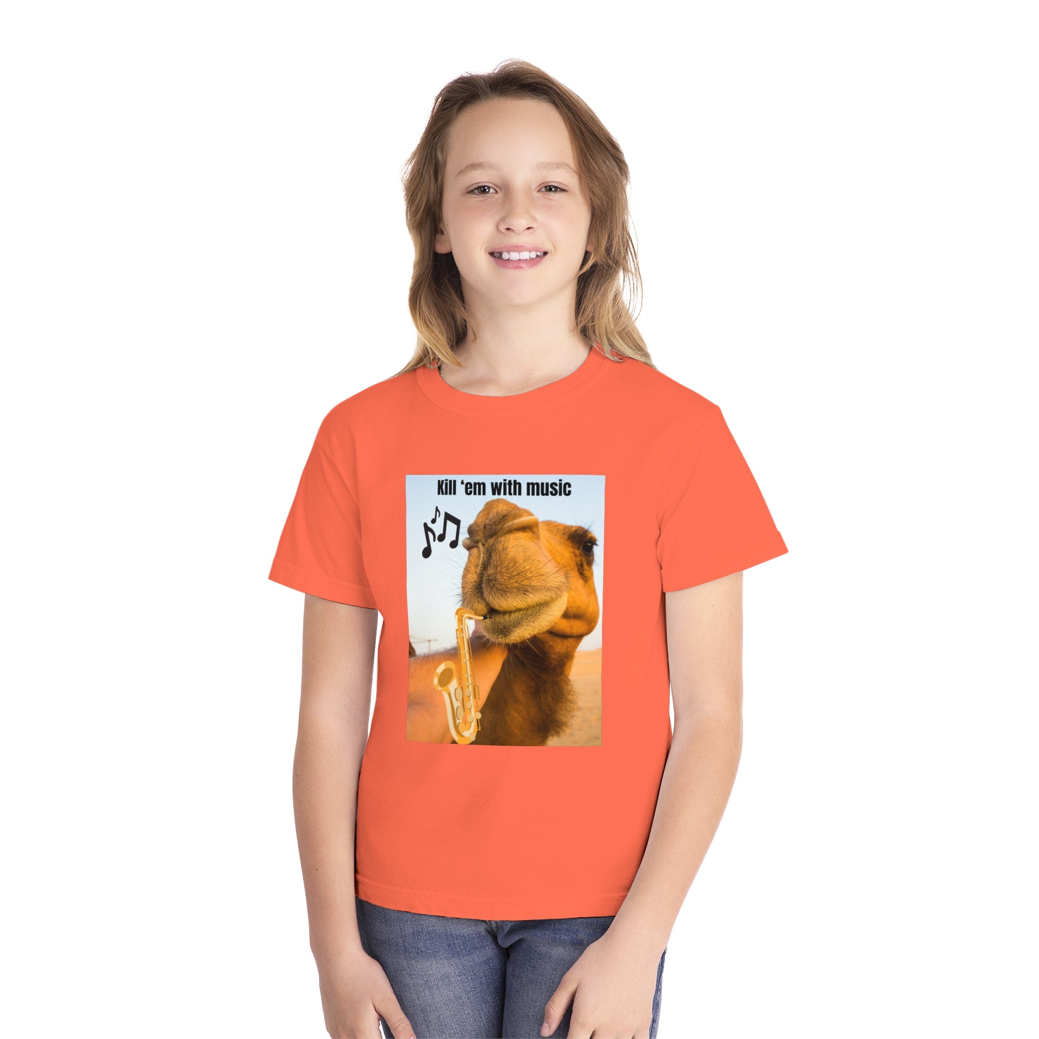 Funny Youth Tee with Camel Design, Humorous Kids' Shirt, 'Kill 'em with Music' Graphic Tee, Gift for Young Music Lovers, Unique Youth [...]