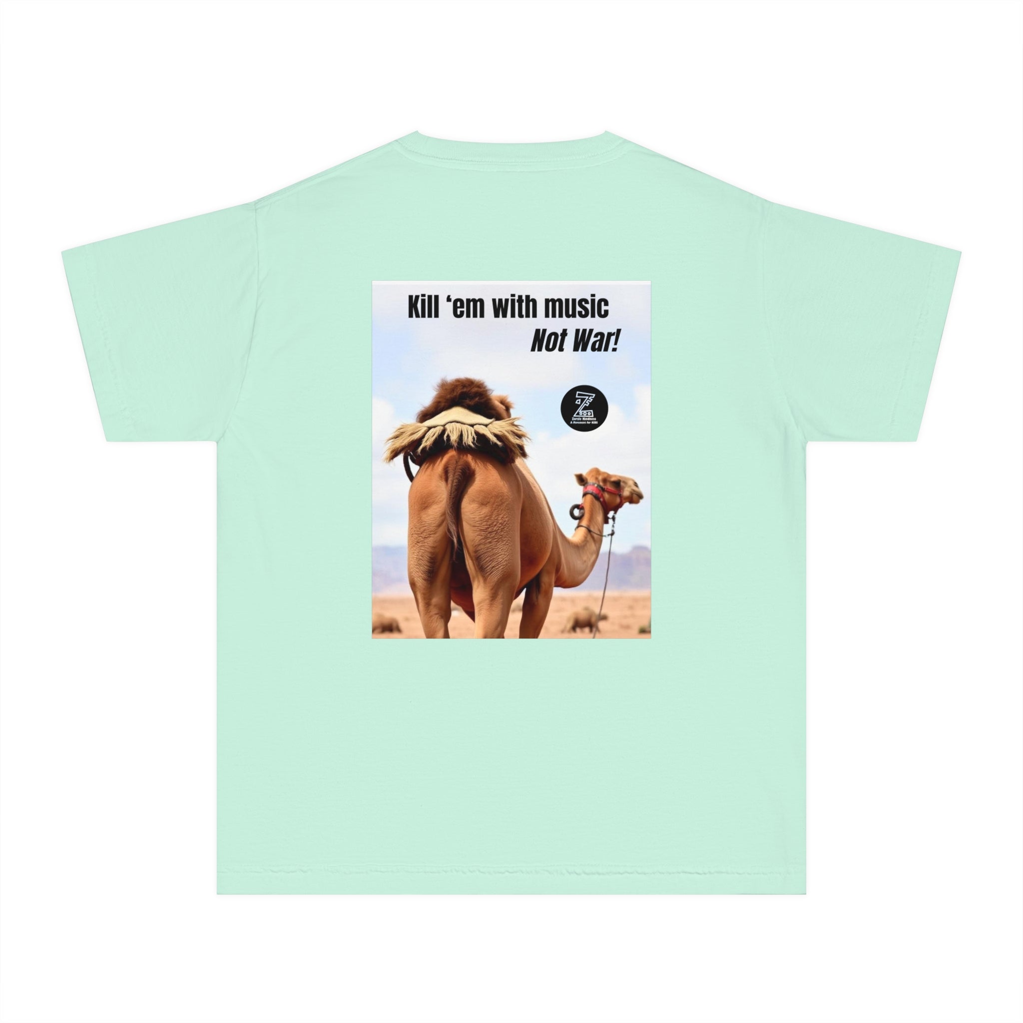 Funny Youth Tee with Camel Design, Humorous Kids' Shirt, 'Kill 'em with Music' Graphic Tee, Gift for Young Music Lovers, Unique Youth [...]