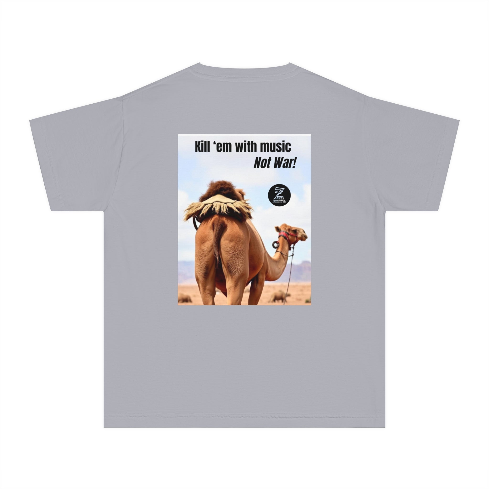 Funny Youth Tee with Camel Design, Humorous Kids' Shirt, 'Kill 'em with Music' Graphic Tee, Gift for Young Music Lovers, Unique Youth [...]