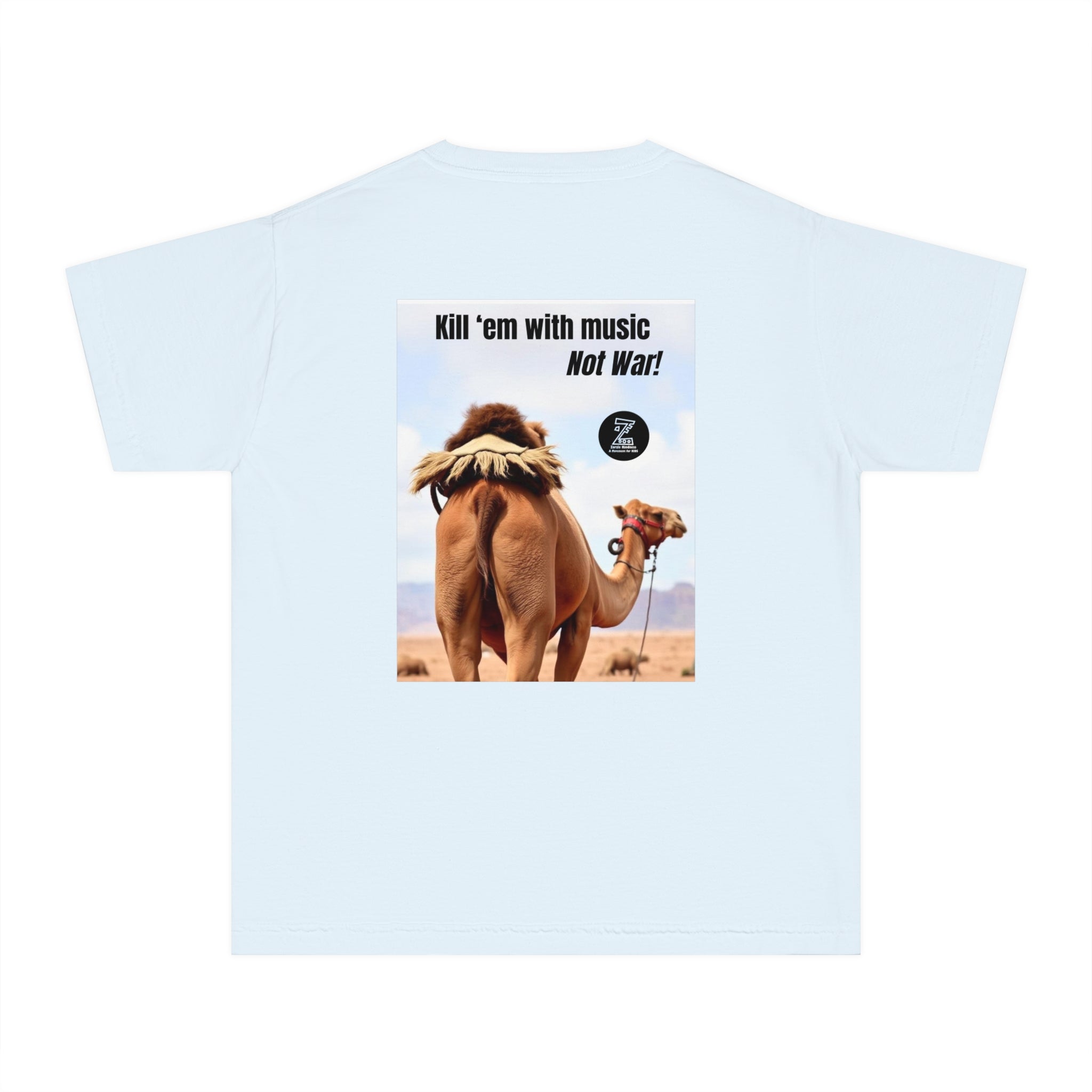 Funny Youth Tee with Camel Design, Humorous Kids' Shirt, 'Kill 'em with Music' Graphic Tee, Gift for Young Music Lovers, Unique Youth [...]